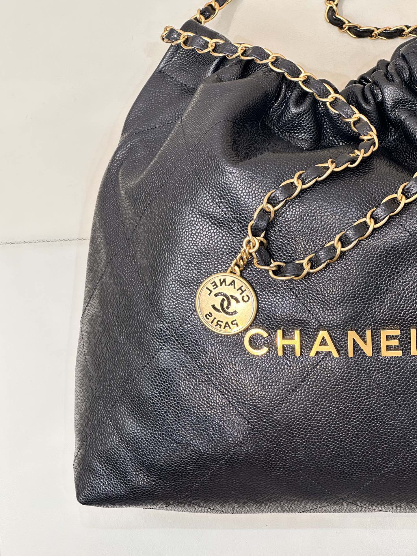 CC 22 Hobo Bag 42cm Black Grained Calfskin Gold Hardware