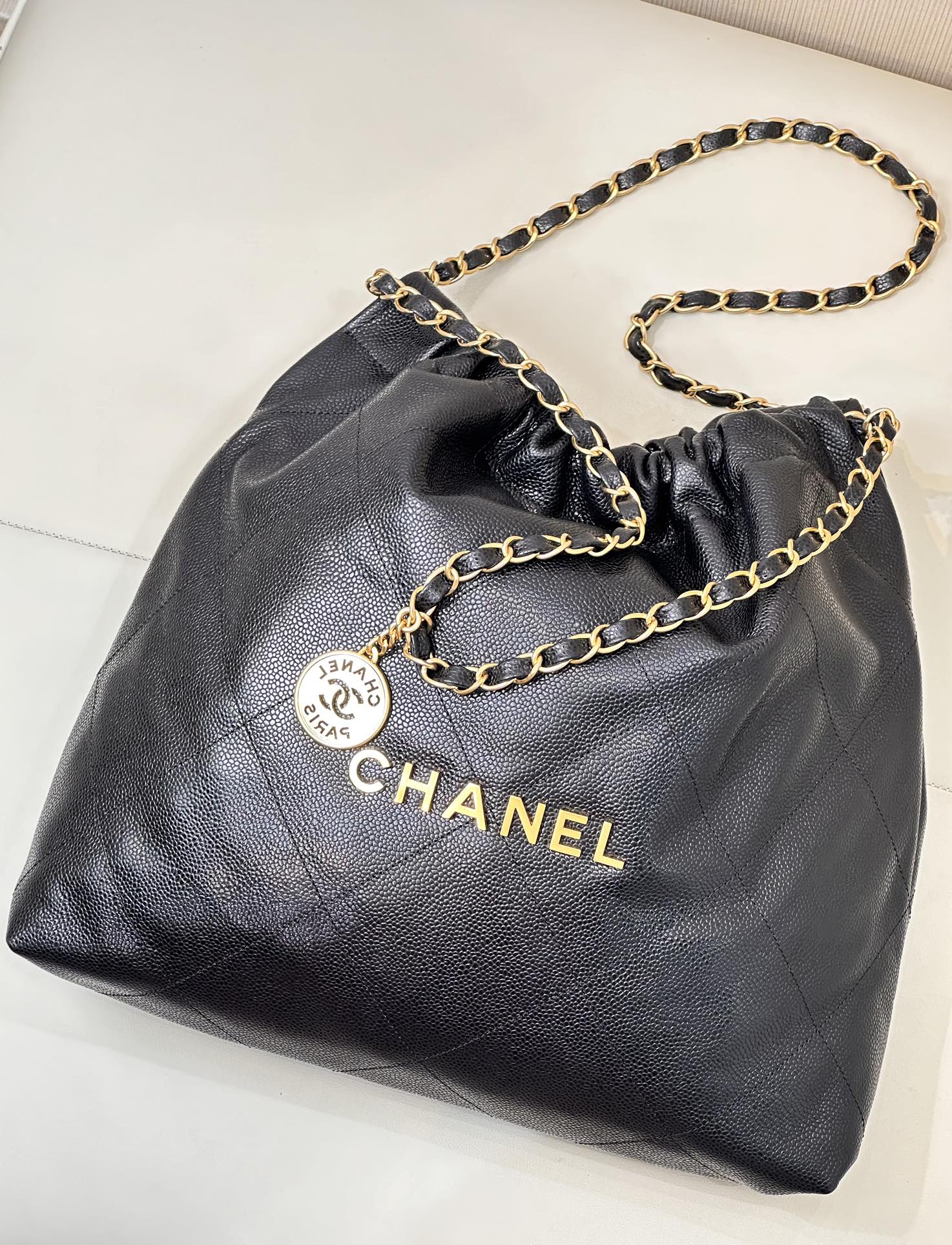 CC 22 Hobo Bag 42cm Black Grained Calfskin Gold Hardware