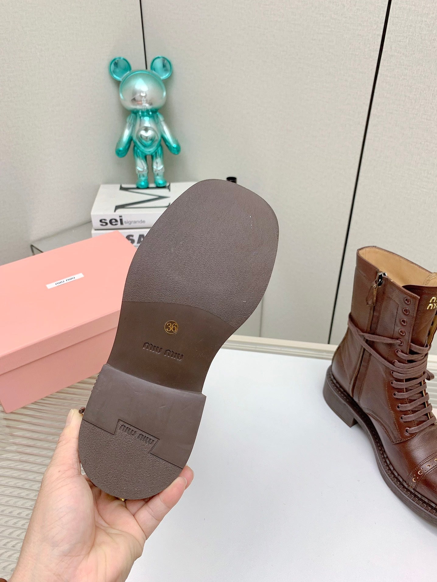 Miu Leather Laced Booties Chestnut Brown Cowhide