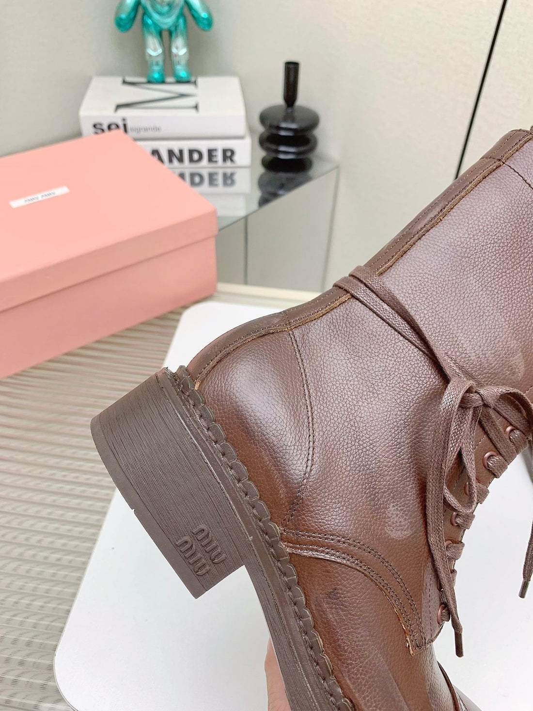 Miu Leather Laced Booties Chestnut Brown Cowhide
