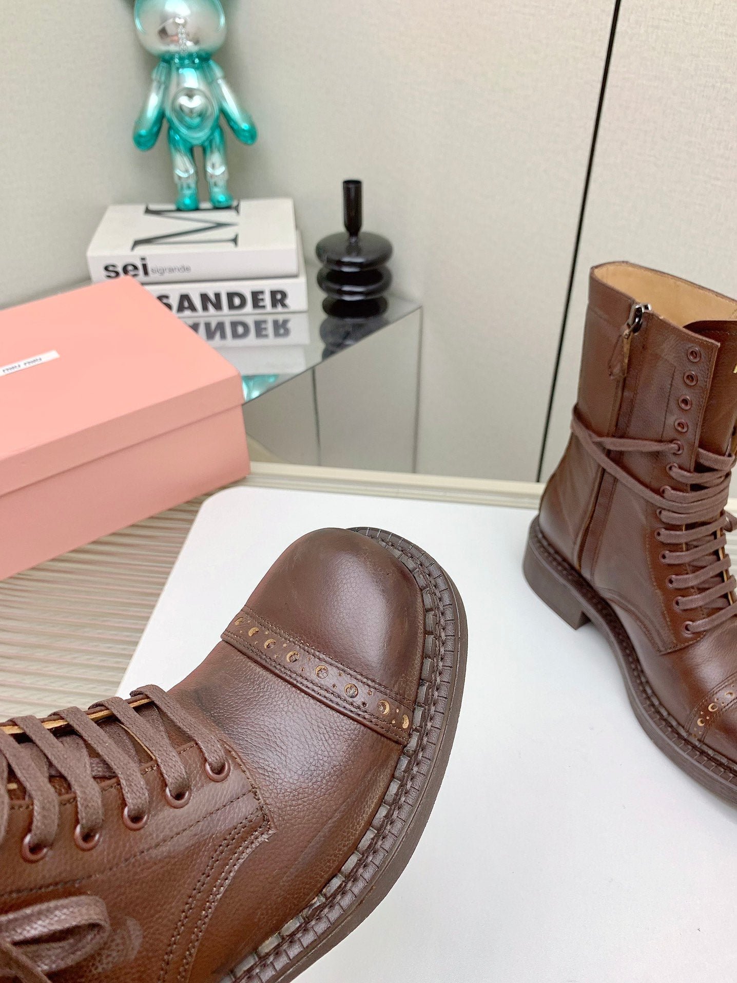 Miu Leather Laced Booties Chestnut Brown Cowhide
