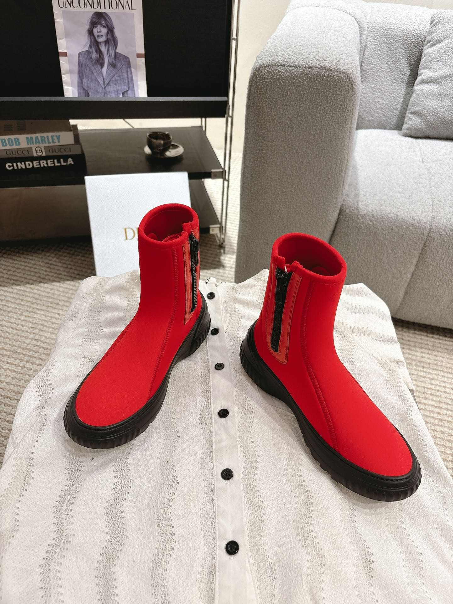 CD Ankle Boots Bright Red Elastic Fabric
