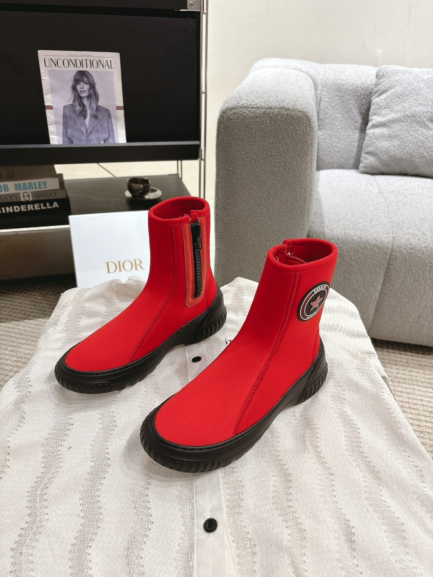 CD Ankle Boots Bright Red Elastic Fabric