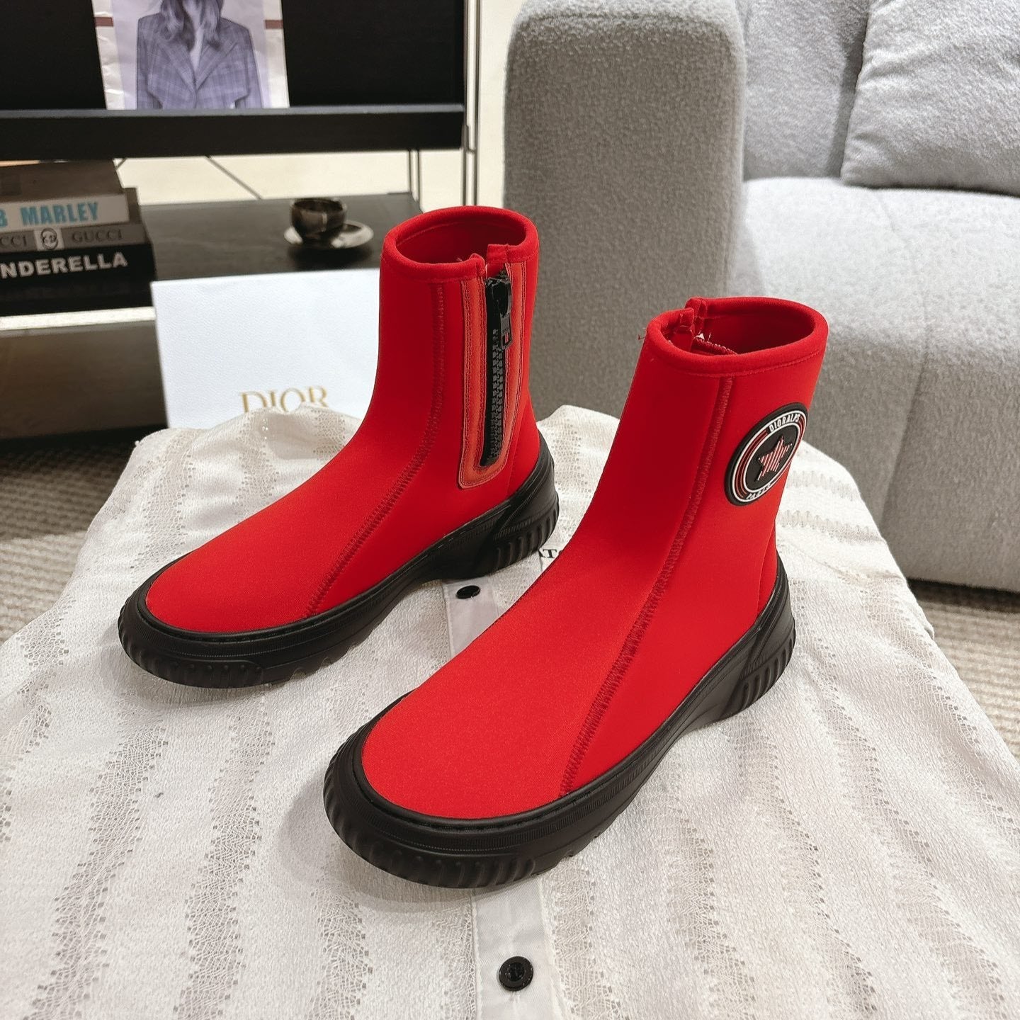 CD Ankle Boots Bright Red Elastic Fabric