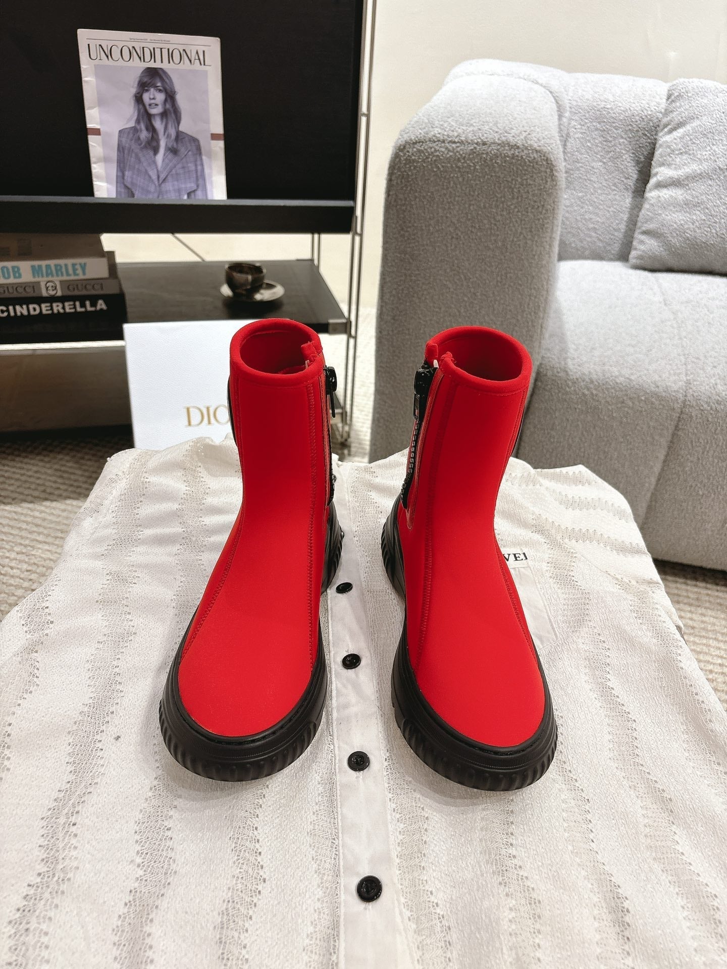 CD Ankle Boots Bright Red Elastic Fabric