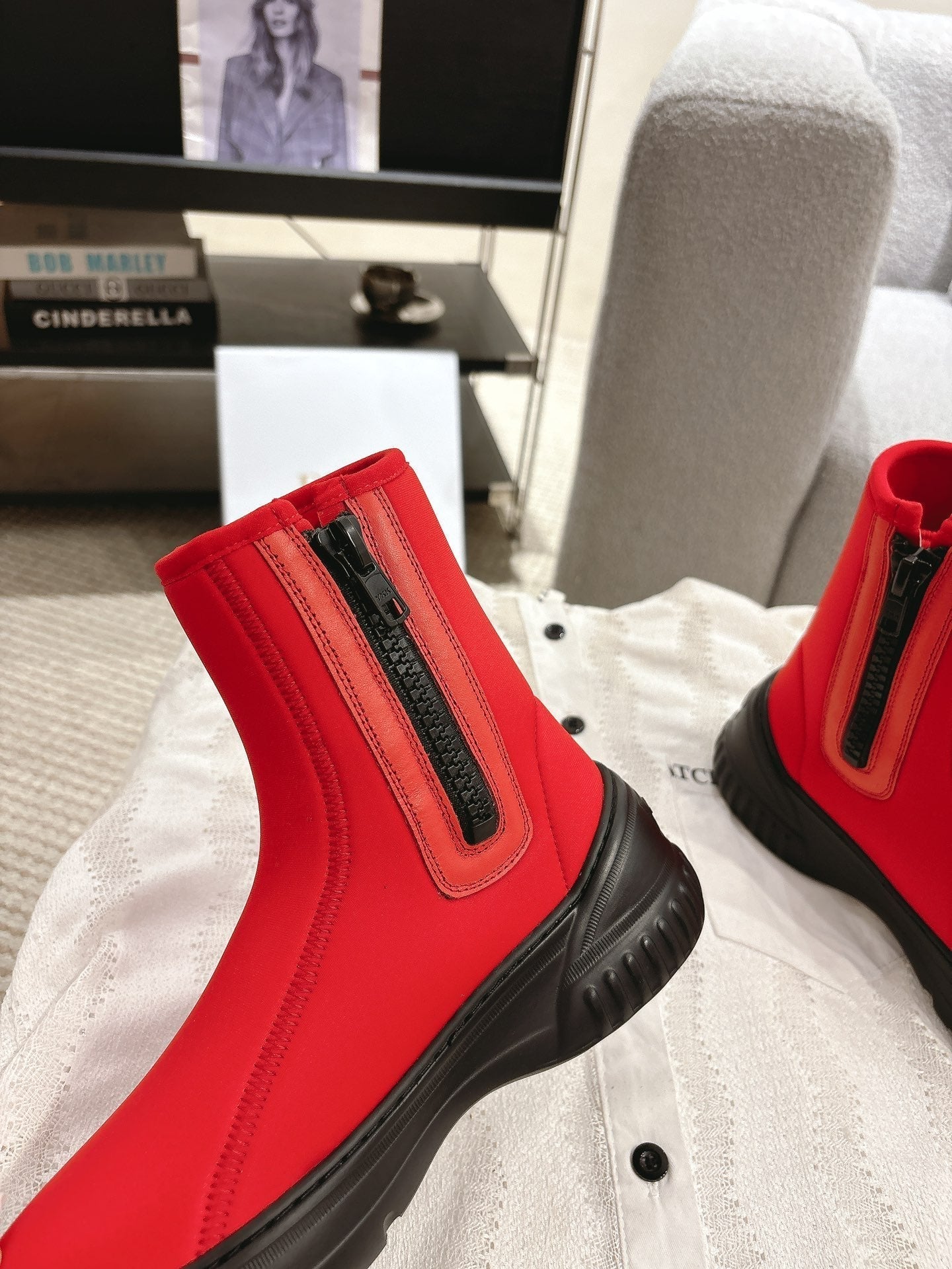 CD Ankle Boots Bright Red Elastic Fabric