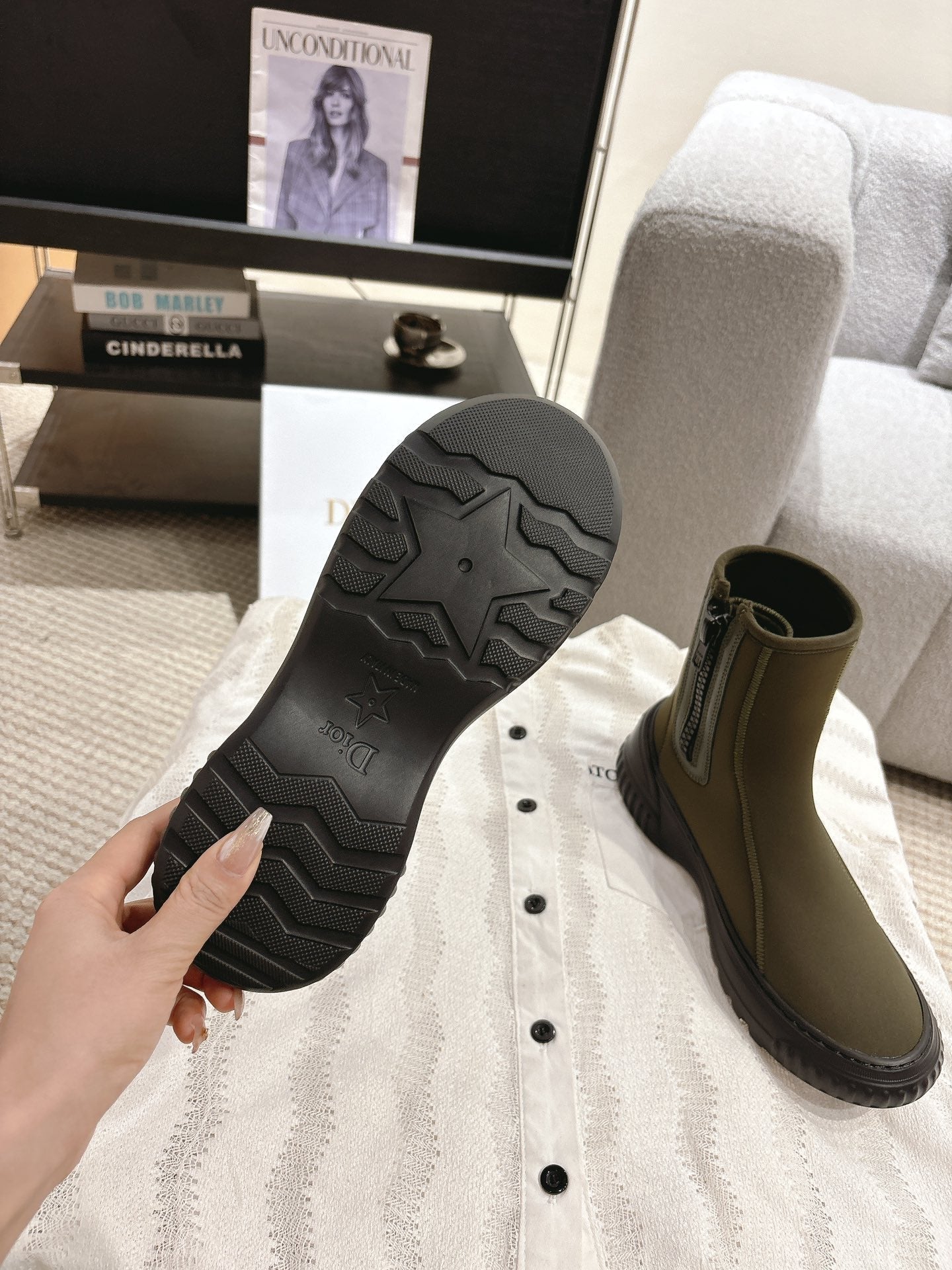 CD Ankle Boots Brown Moss Green Elastic Fabric