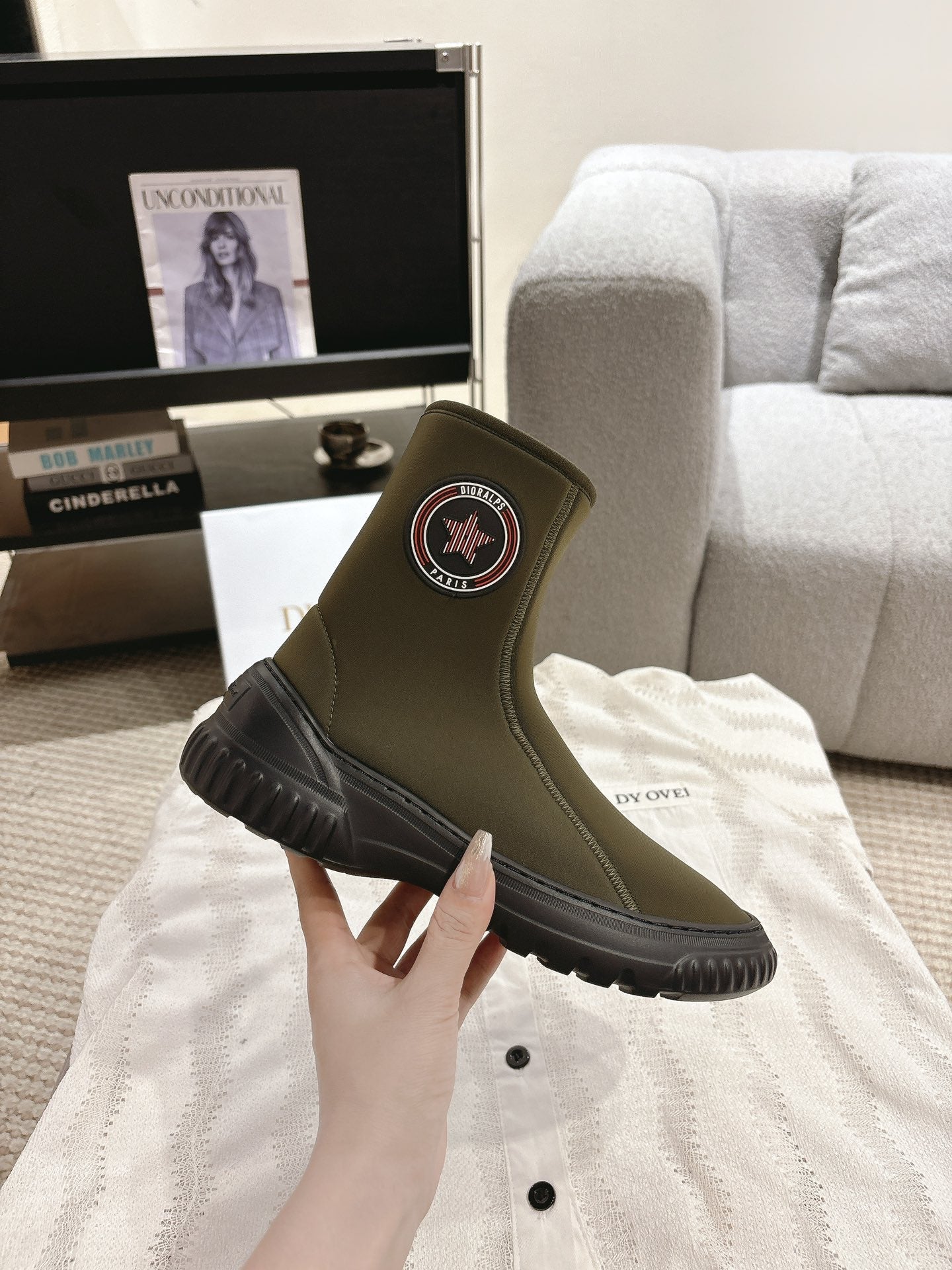 CD Ankle Boots Brown Moss Green Elastic Fabric