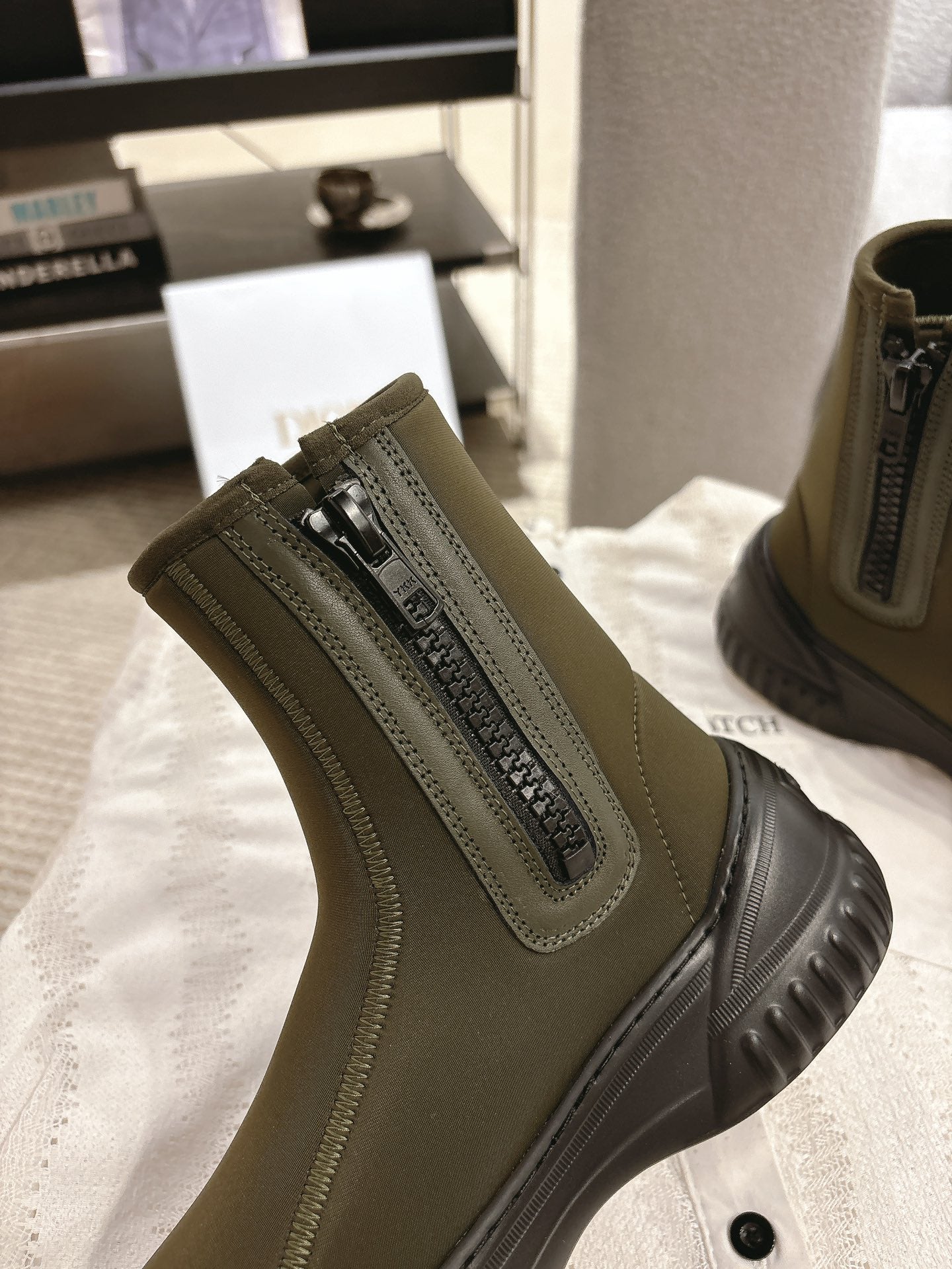 CD Ankle Boots Brown Moss Green Elastic Fabric