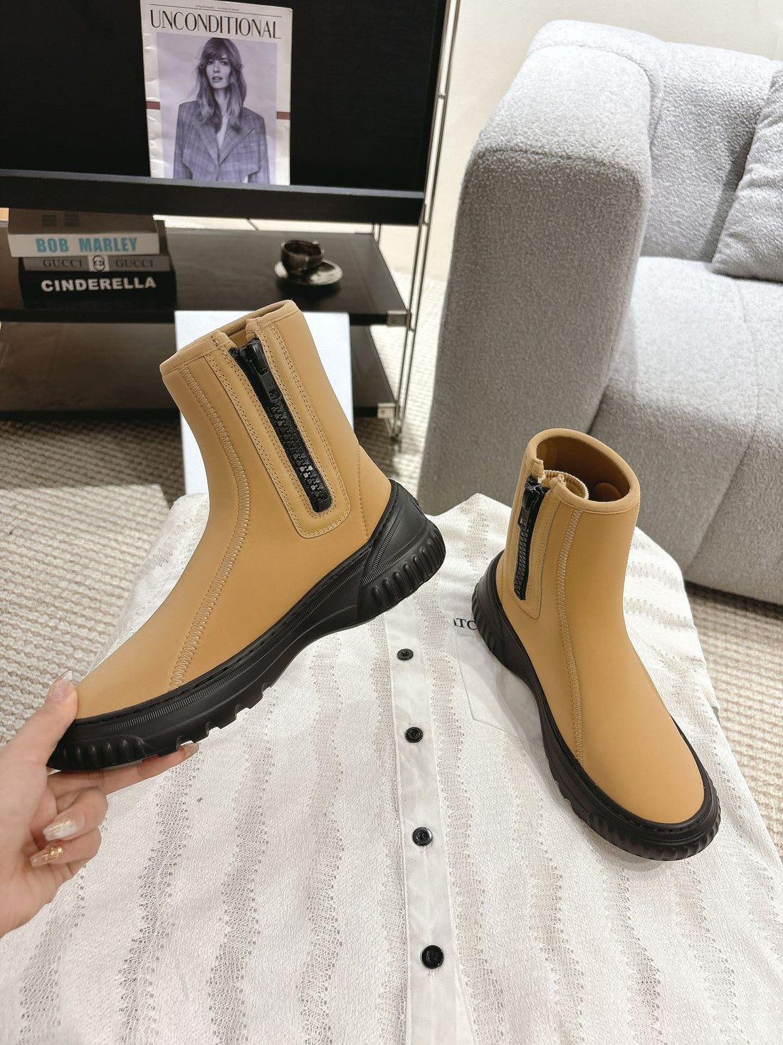 CD Ankle Boots Yellow Beige Elastic Fabric