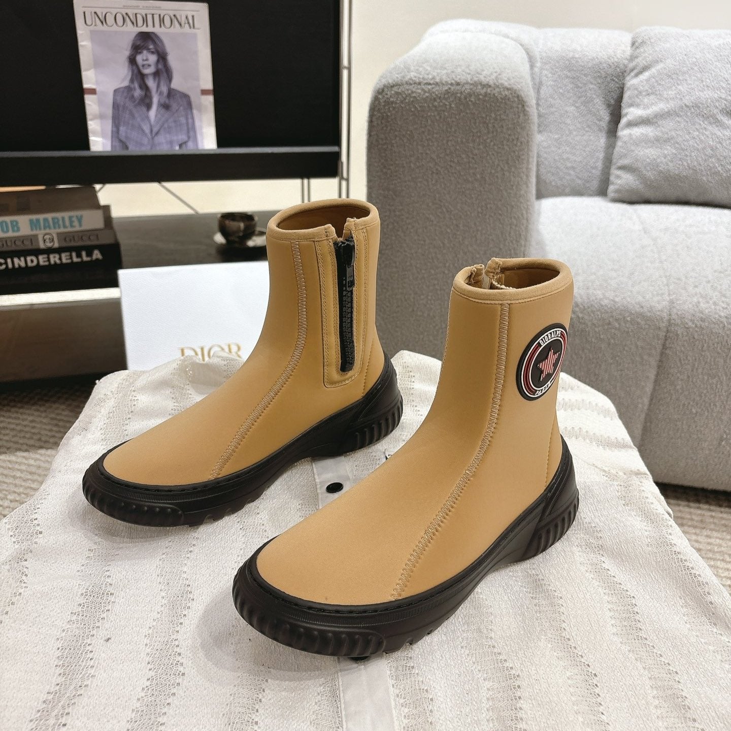 CD Ankle Boots Yellow Beige Elastic Fabric