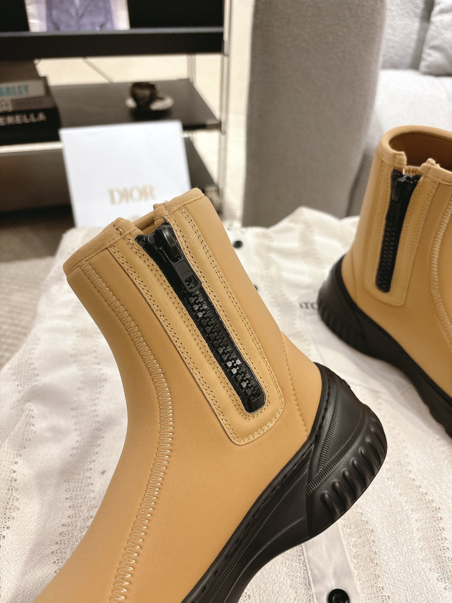 CD Ankle Boots Yellow Beige Elastic Fabric