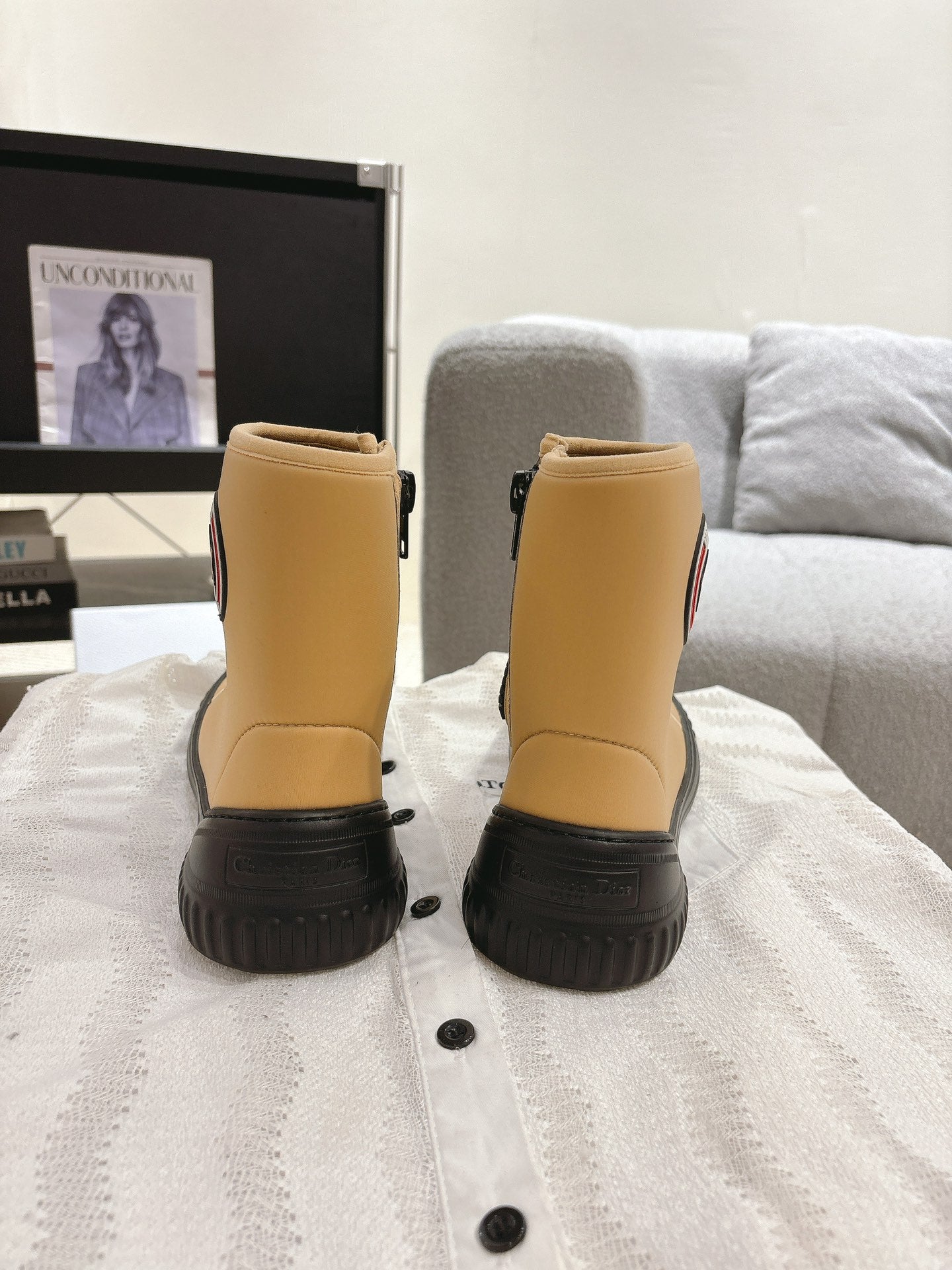 CD Ankle Boots Yellow Beige Elastic Fabric