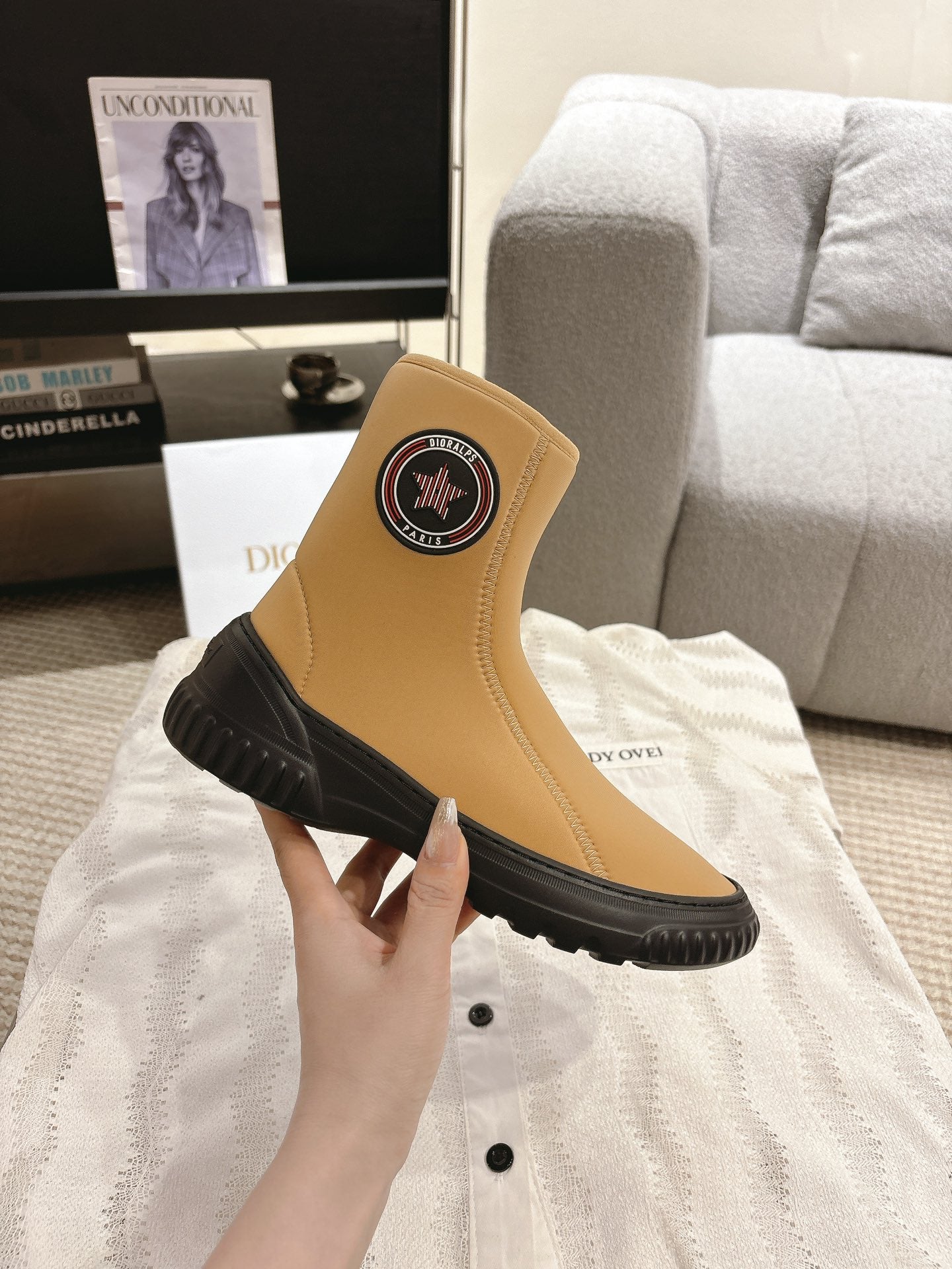 CD Ankle Boots Yellow Beige Elastic Fabric