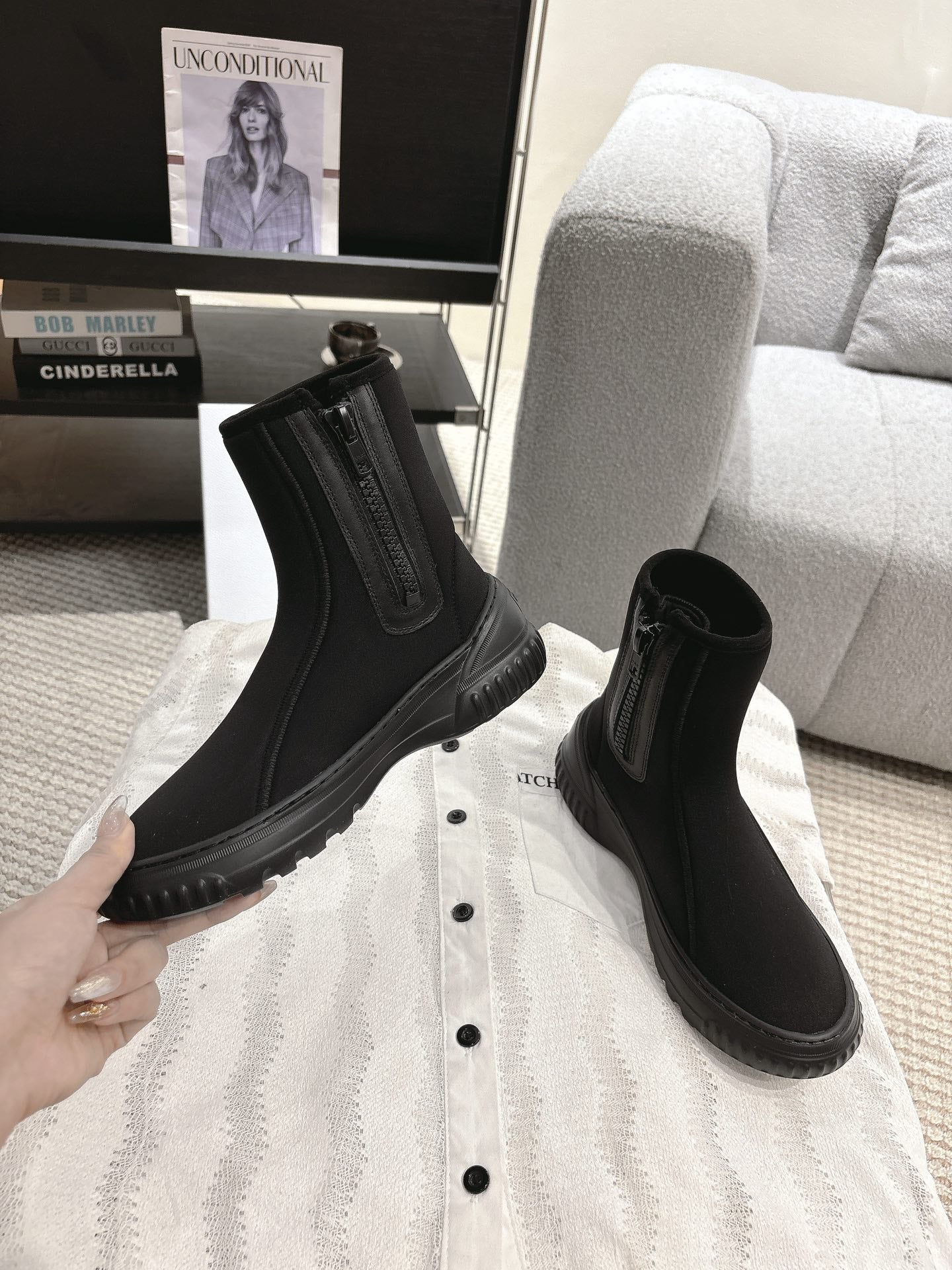 CD Ankle Boots Black Elastic Fabric