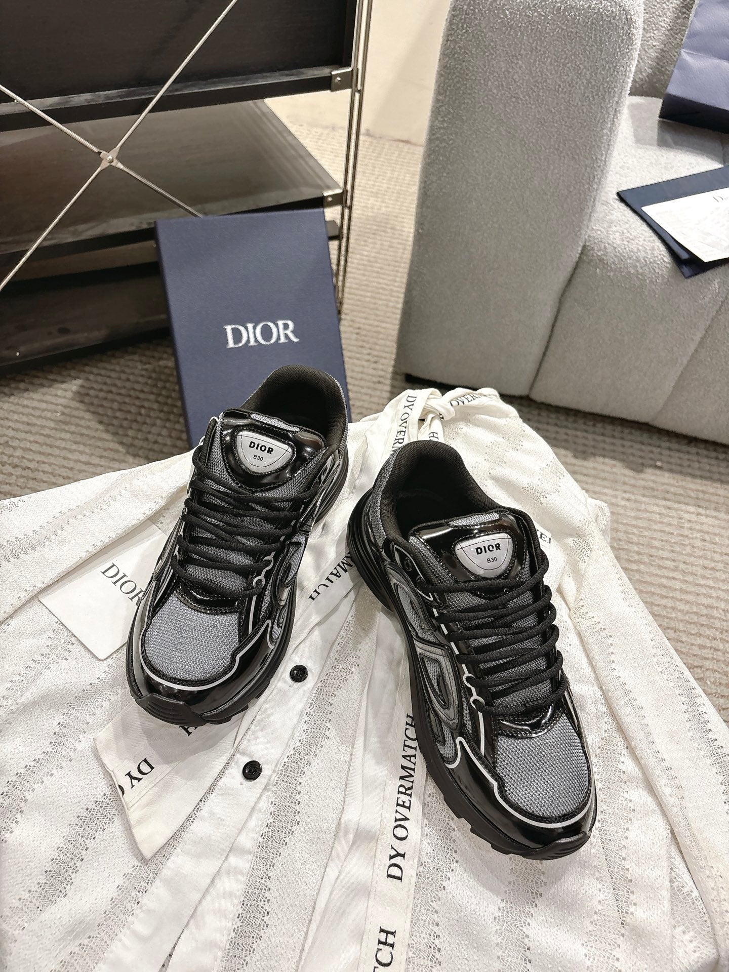 CD B30 Sneakers Patent Black Silver Gray Technology Fabric 438320