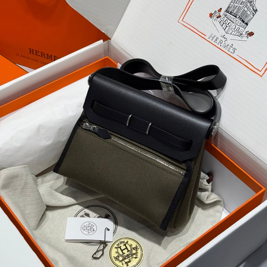 HM Herbag Silver Buckle 20 Army Green Canvas and Hunter Cowhide 243350