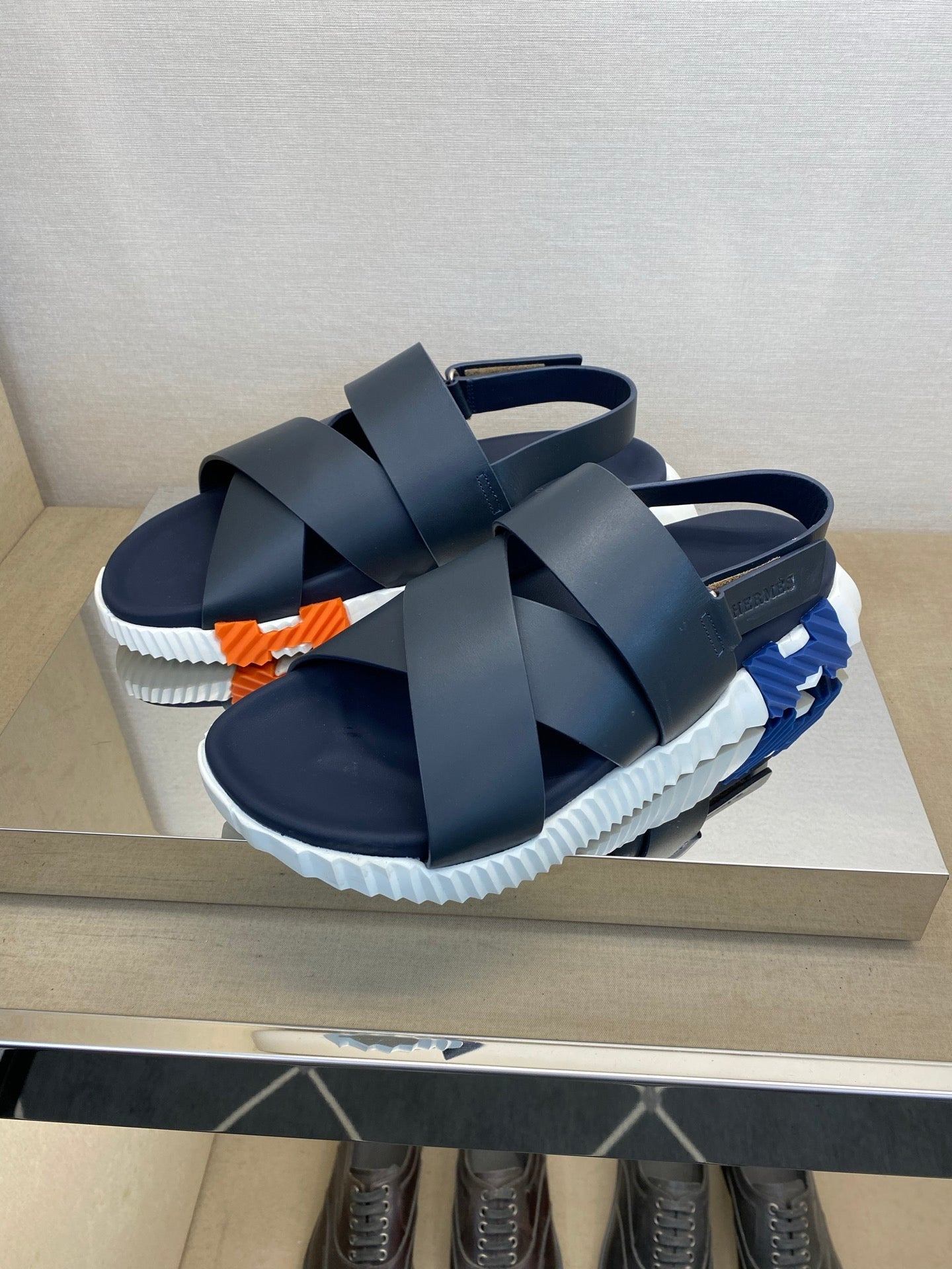 HM Men's Electric Sandals Navy Blue Calfskin 602594