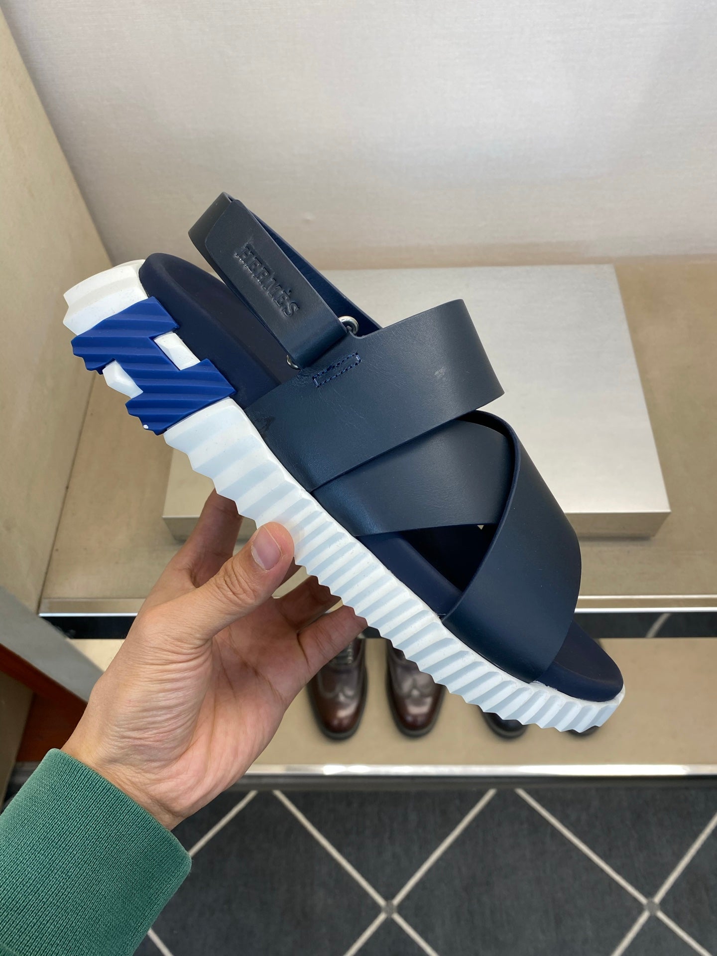 HM Men's Electric Sandals Navy Blue Calfskin 602594