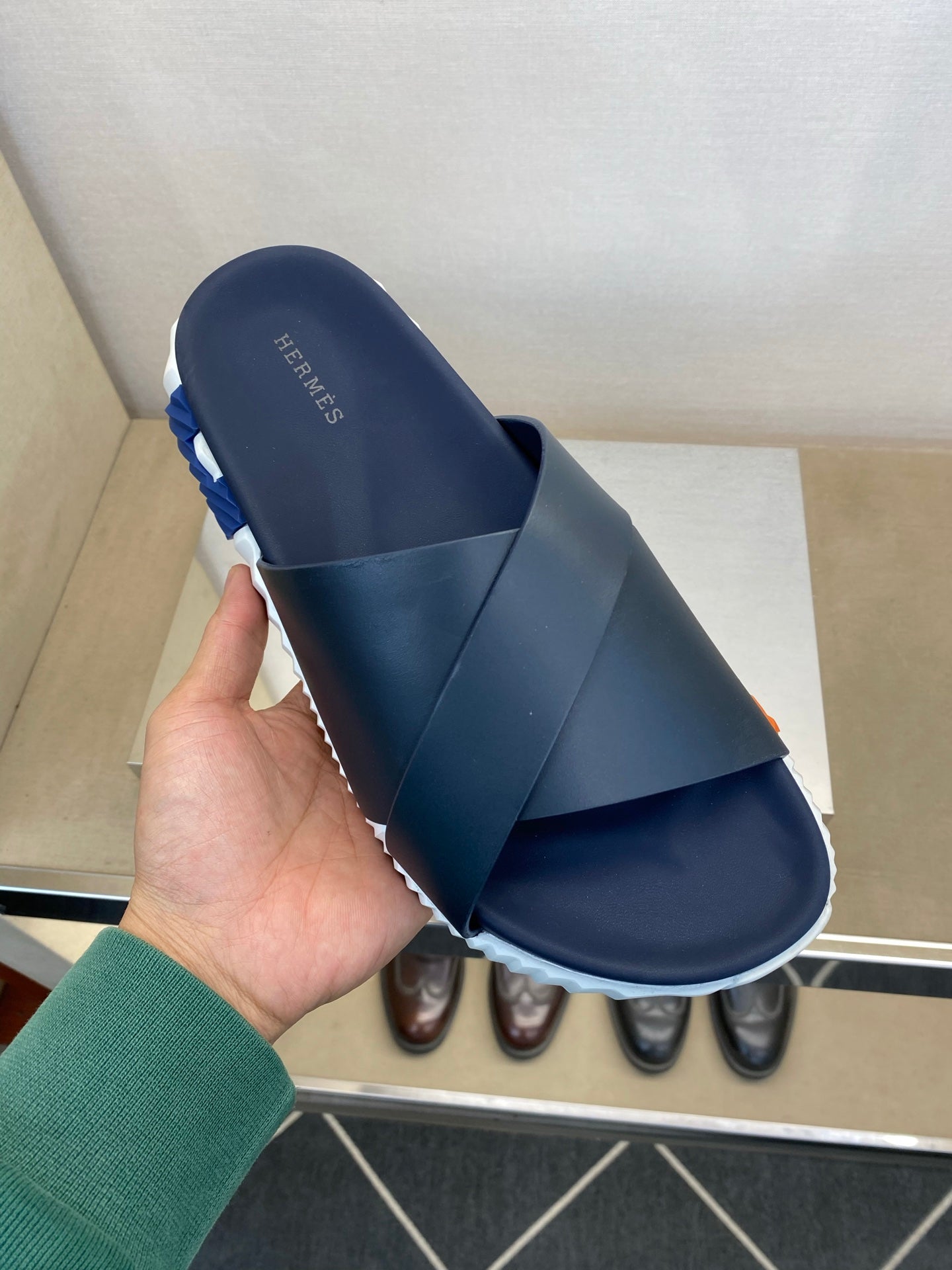 HM Men's Infra Slide Navy Blue Calfskin 602611