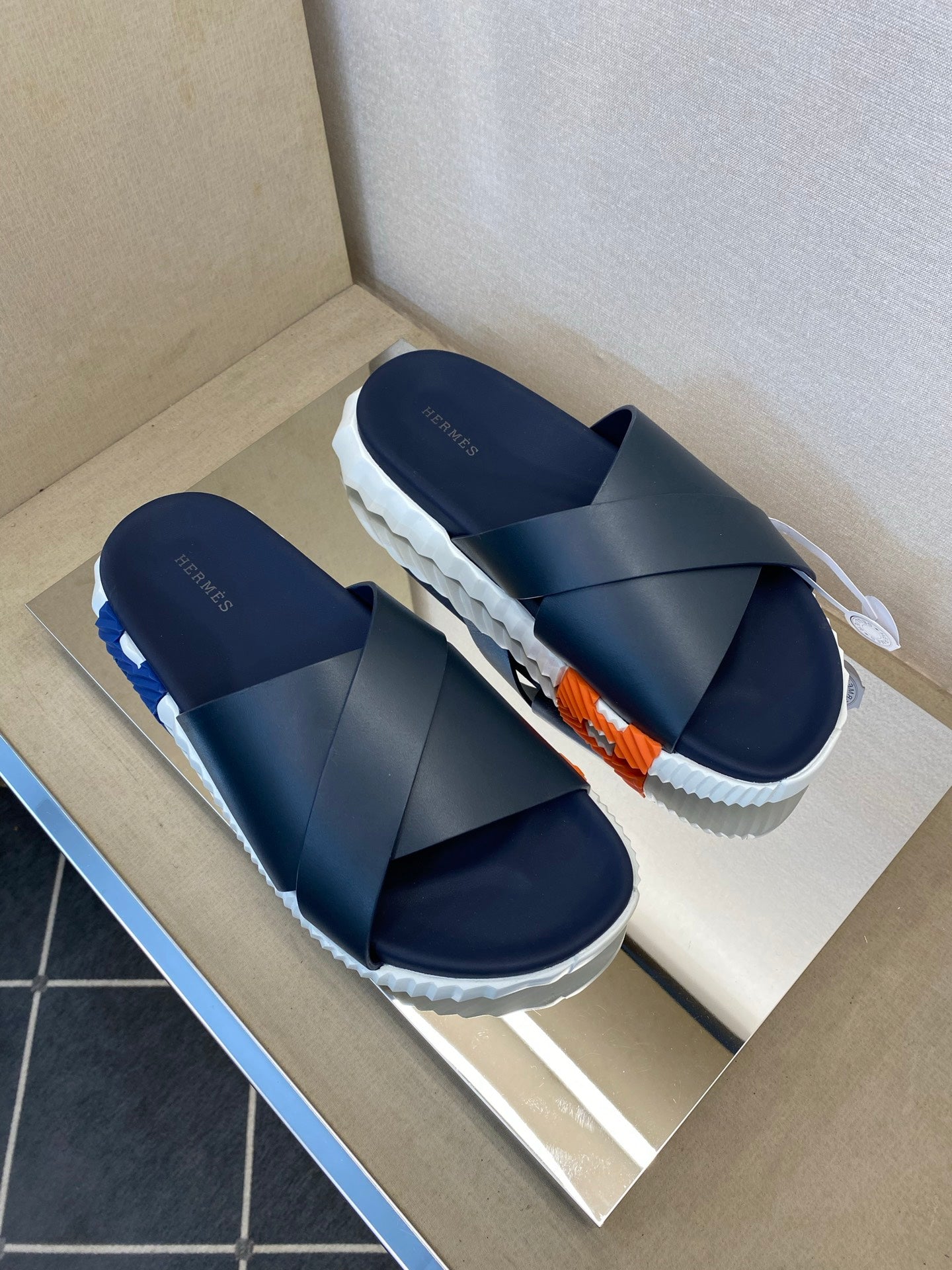 HM Men's Infra Slide Navy Blue Calfskin 602611