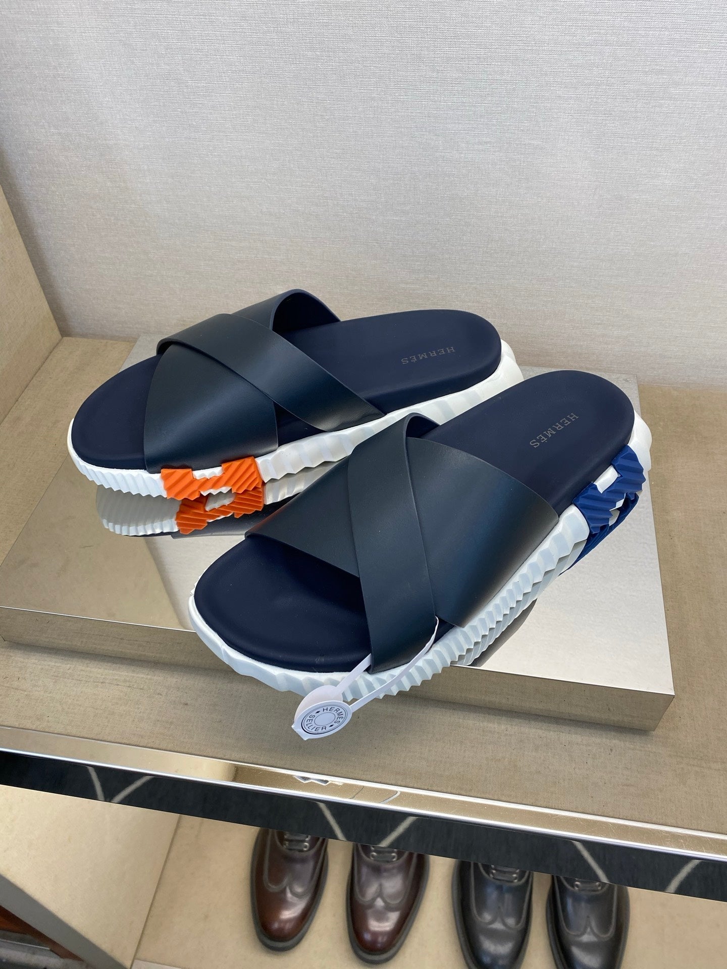 HM Men's Infra Slide Navy Blue Calfskin 602611