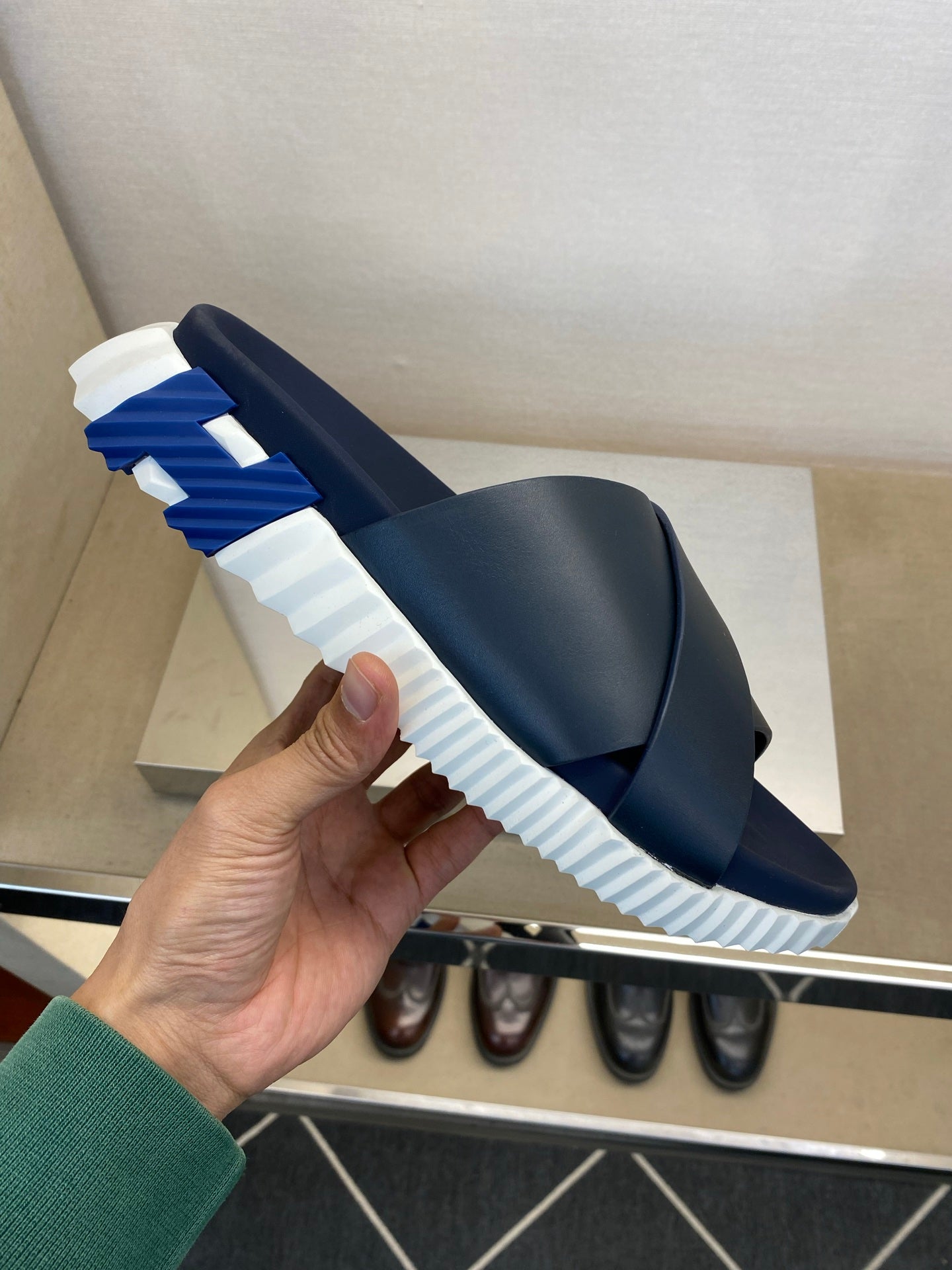 HM Men's Infra Slide Navy Blue Calfskin 602611