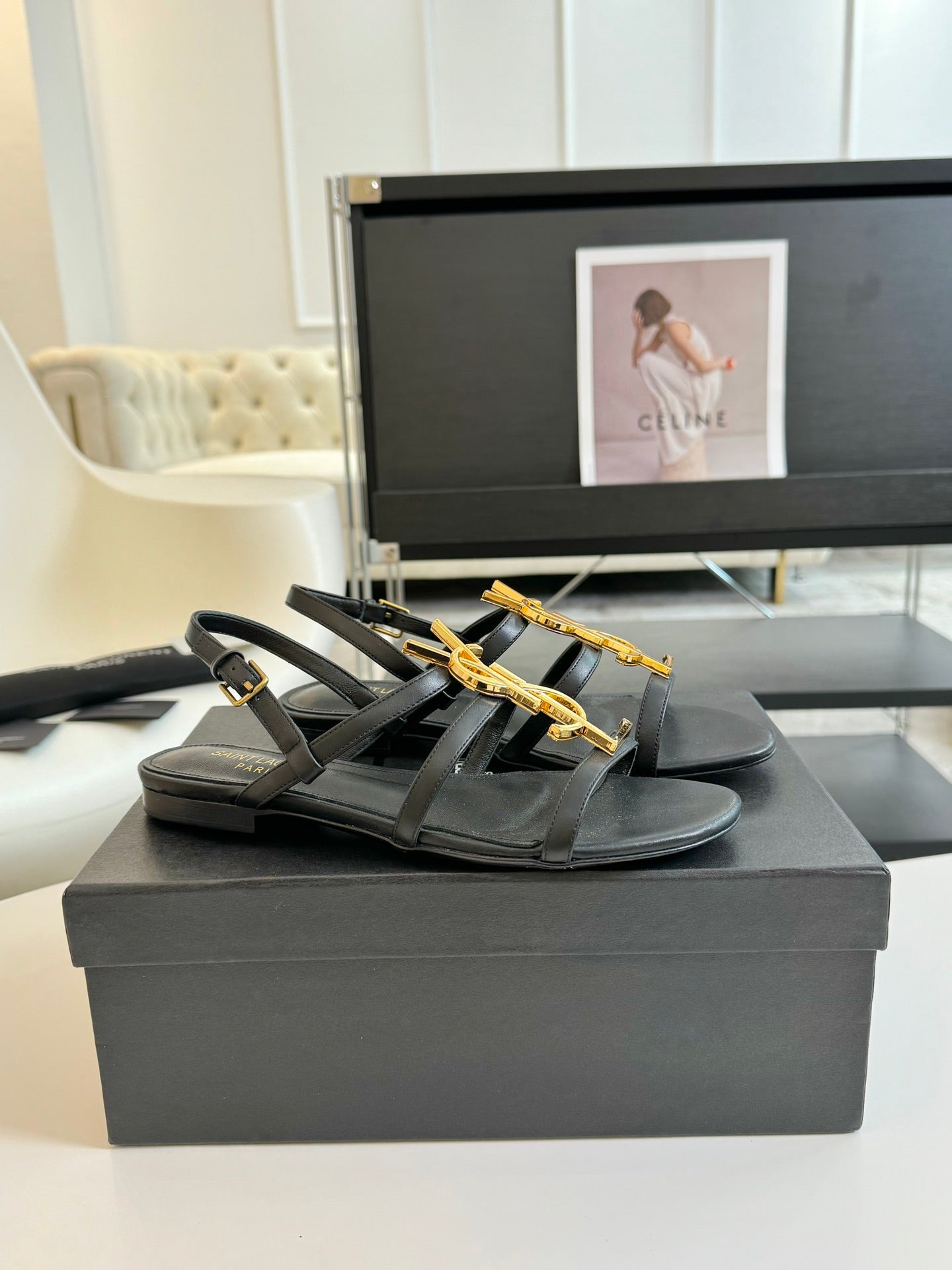 Yves SL Buckle Women Sandals Black Leather