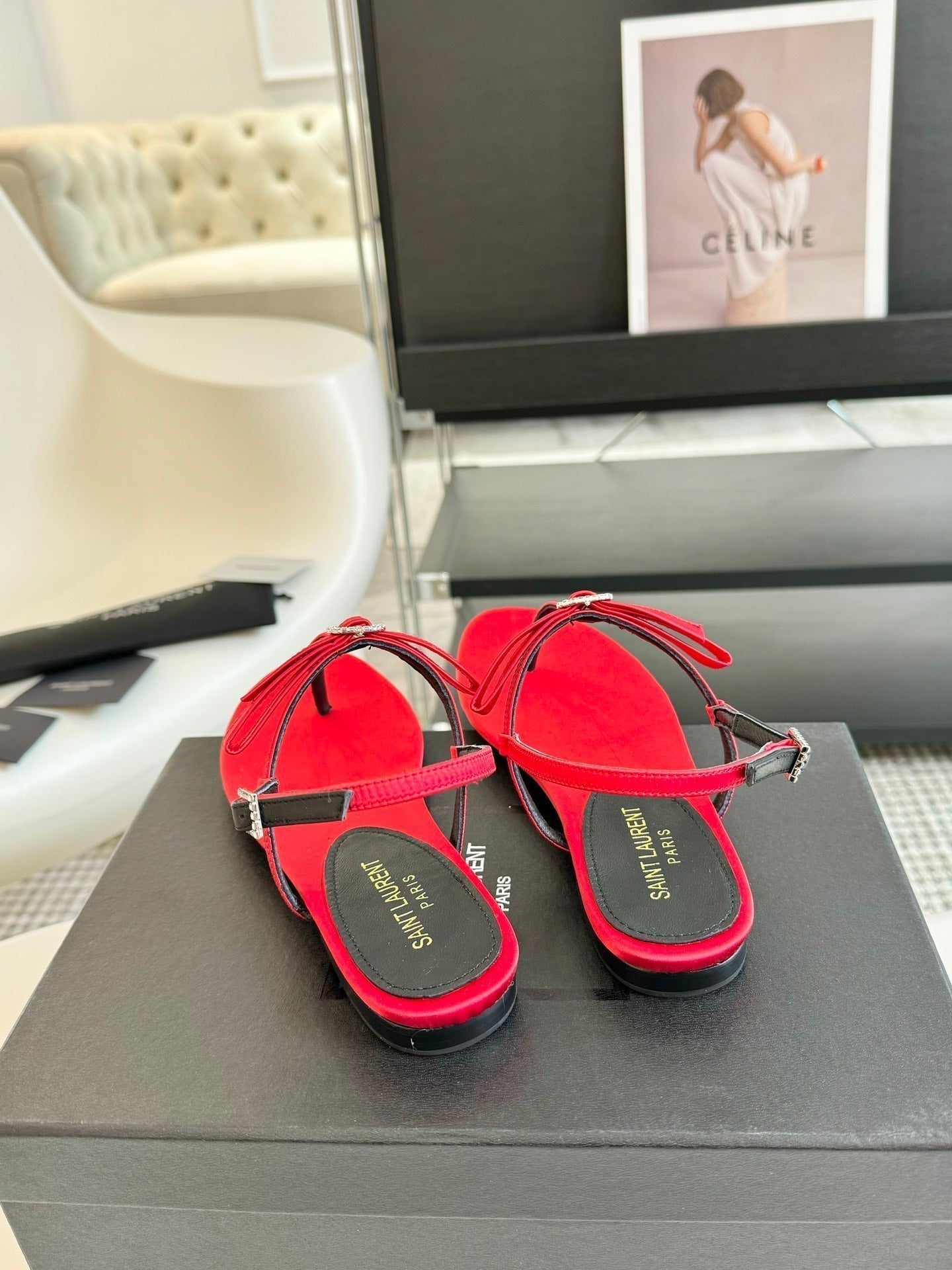 SL CRYSTAL T-STRAP FLAT SANDAL RED SATIN