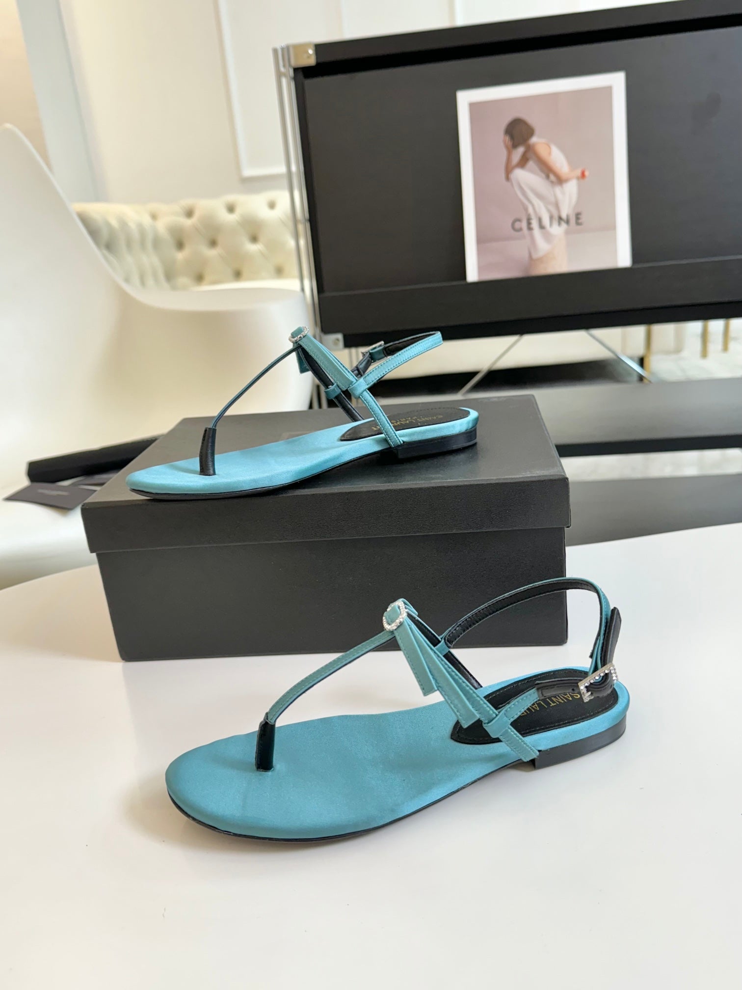 SL CRYSTAL T-STRAP FLAT SANDAL SAPPHIRE SATIN