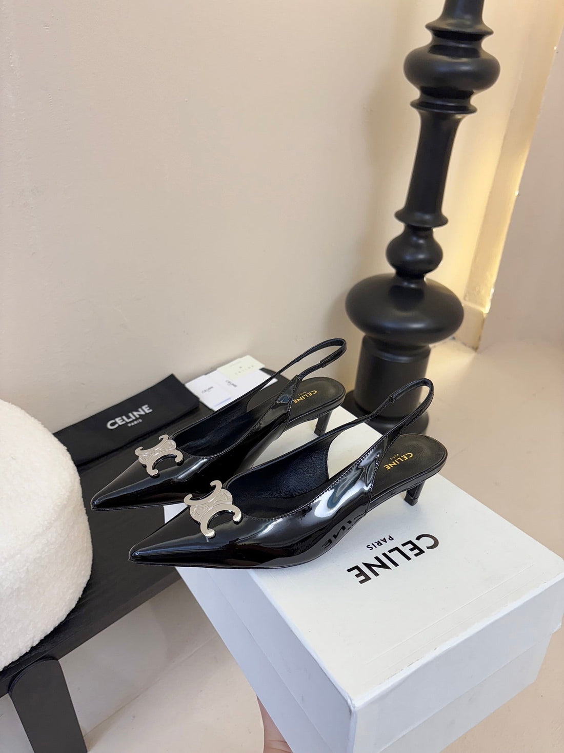 CELINE Alma Triomphe Slingback Black Patent Calfskin 235705