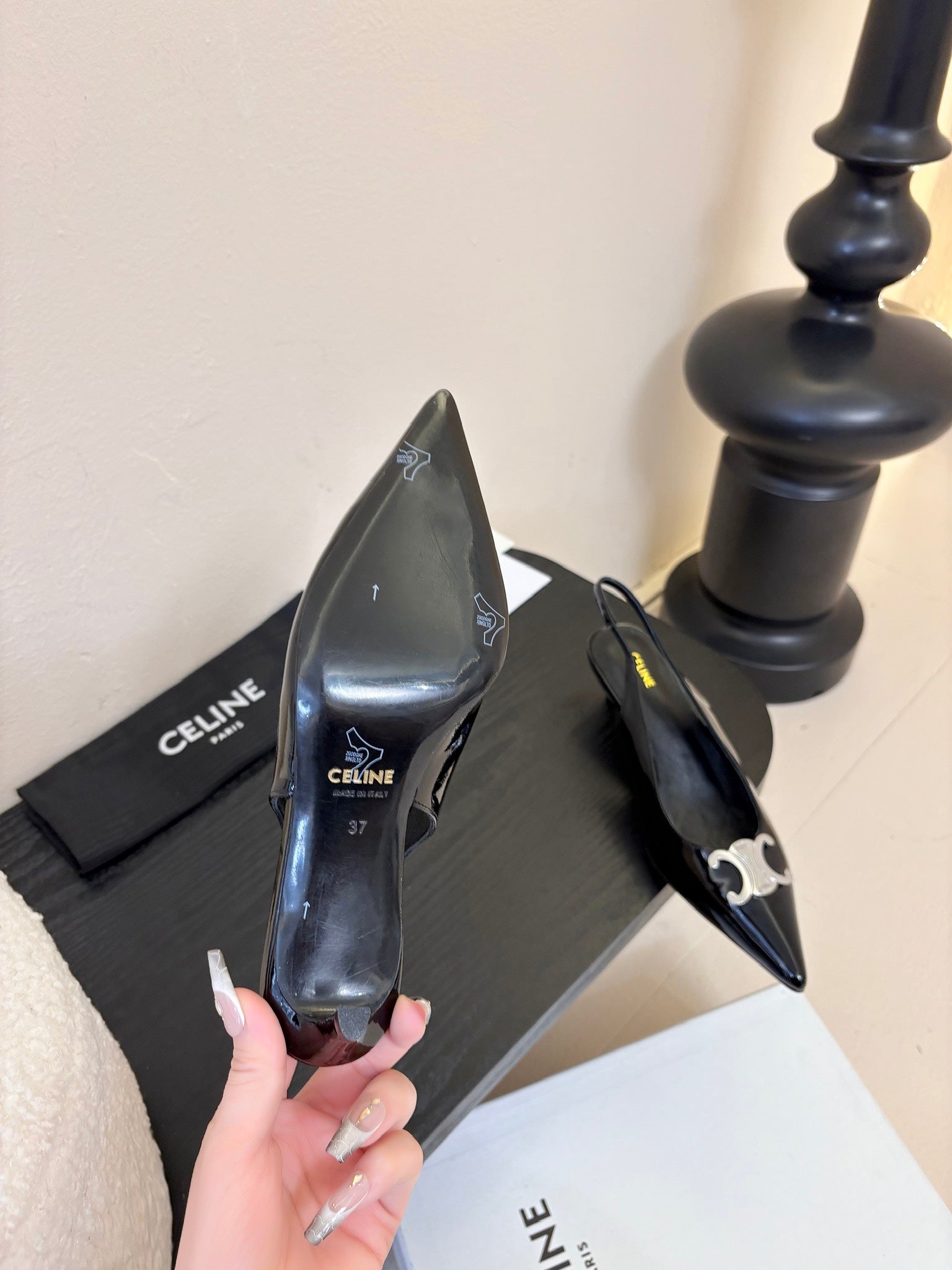 CELINE Alma Triomphe Slingback Black Patent Calfskin 235705