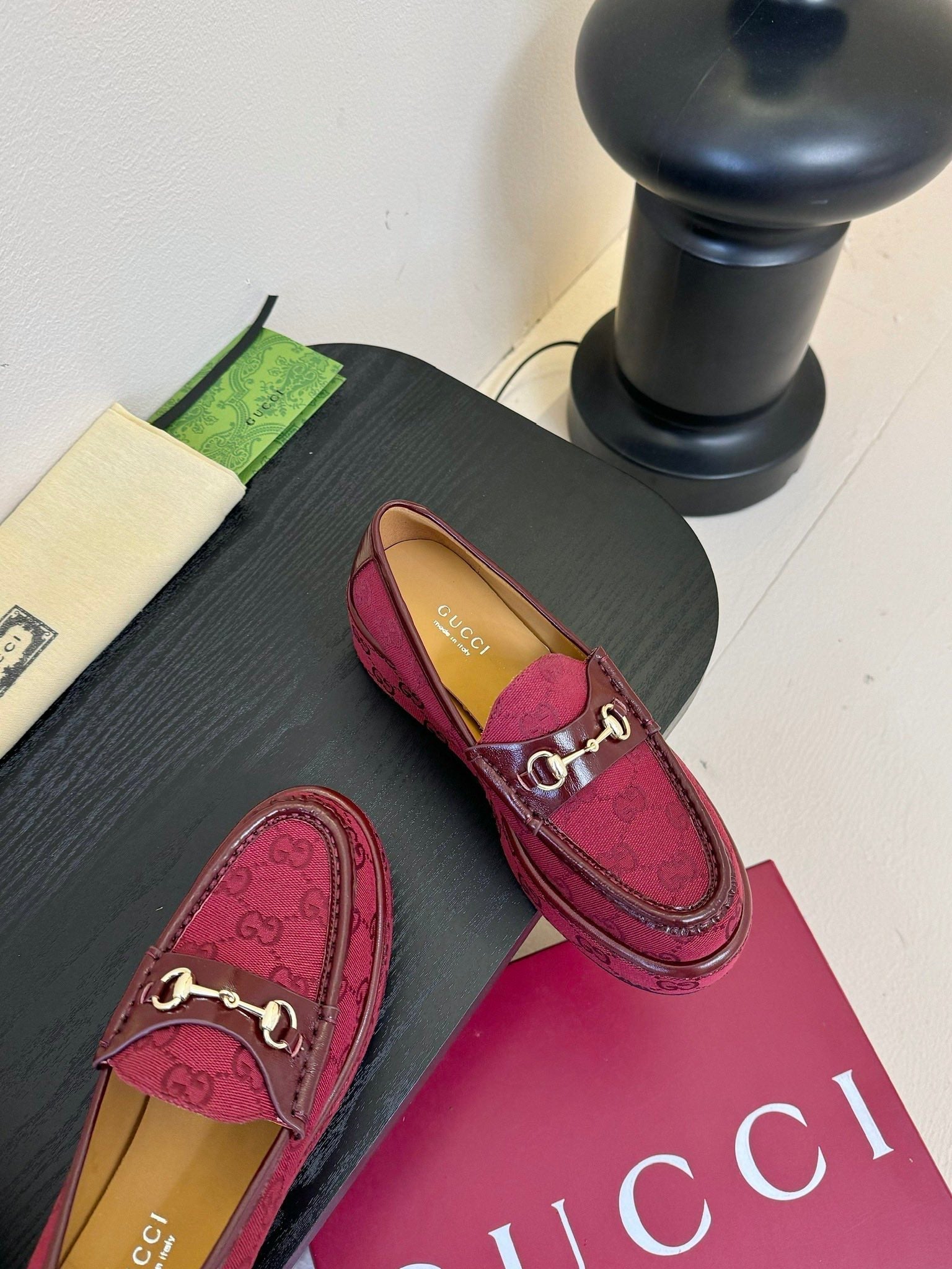 GC 2025 Horsebit Wedge Loafer Red Canvas Cowhide 296842
