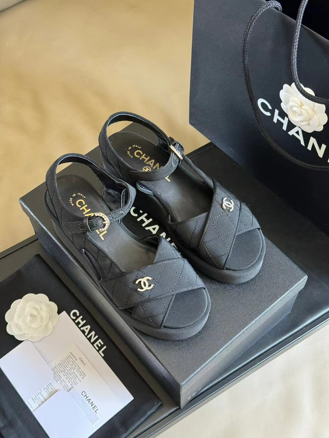 CC CLASSIC WEDGE SANDALS IN BLACK FABRIC