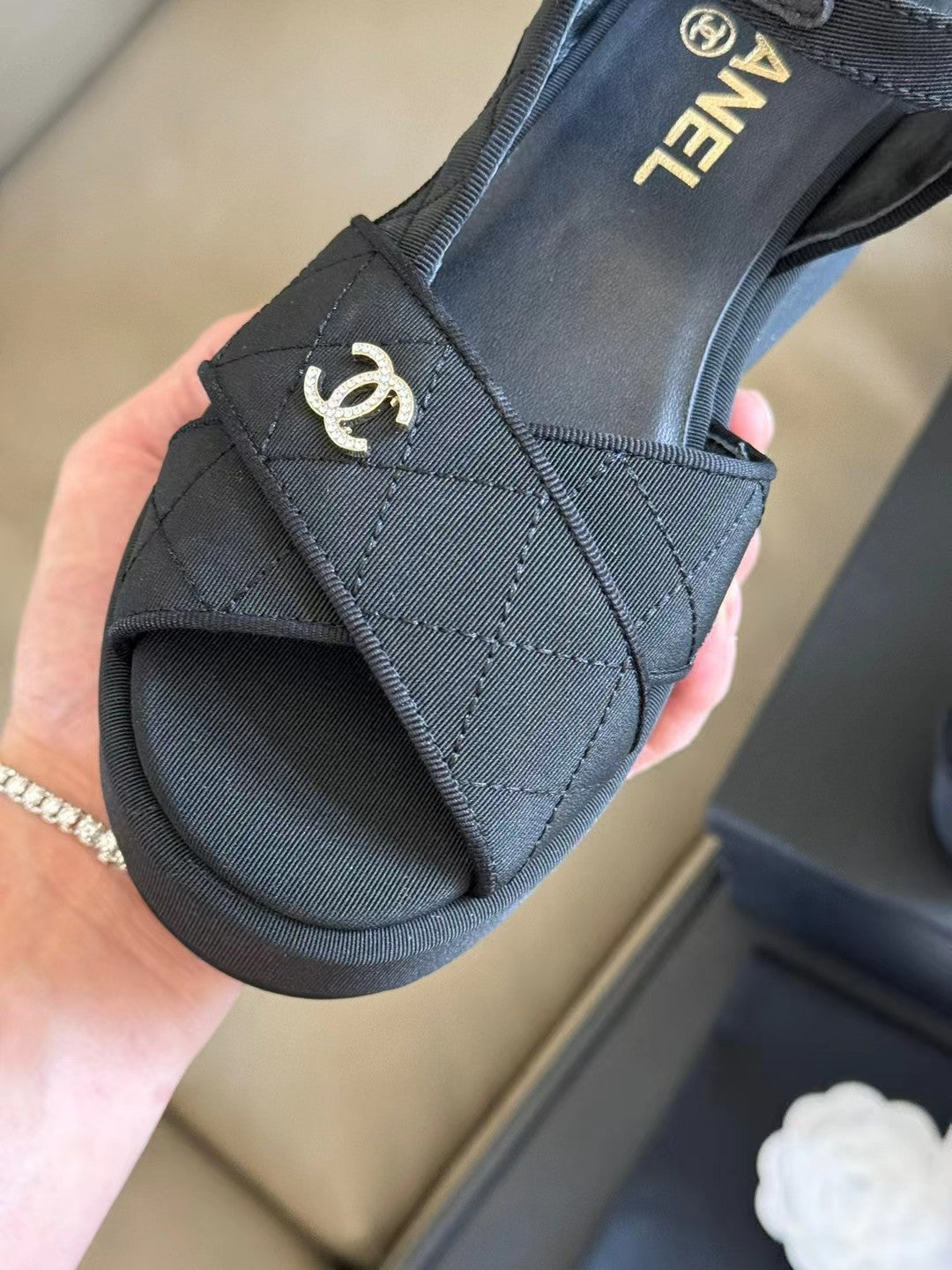 CC CLASSIC WEDGE SANDALS IN BLACK FABRIC