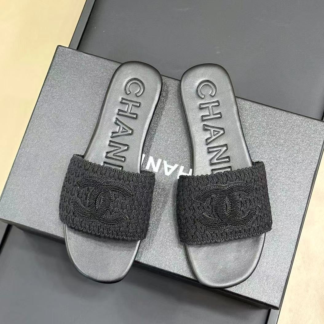 CC WOVEN SLIPPERS BLACK COWHIDE SOLE