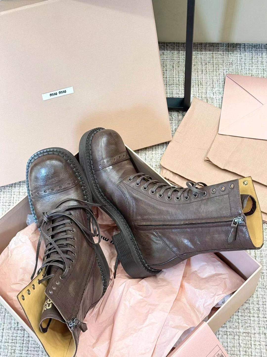 Miu Cocoa Brown Leather Lace-Up Boots