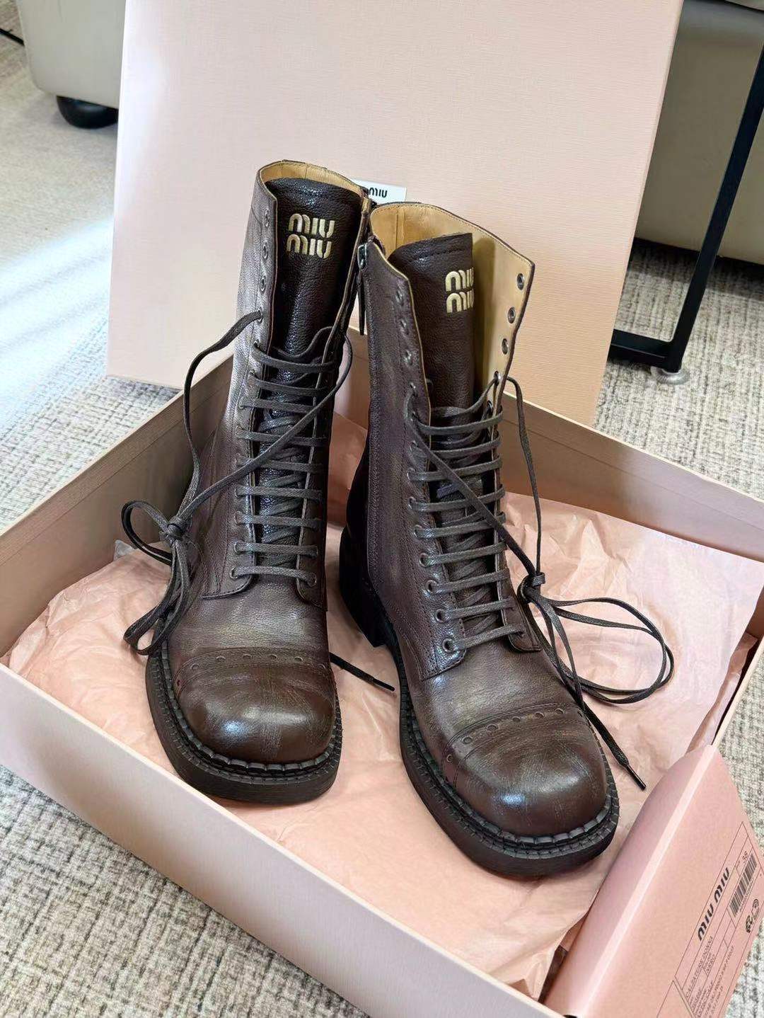 Miu Cocoa Brown Leather Lace-Up Boots