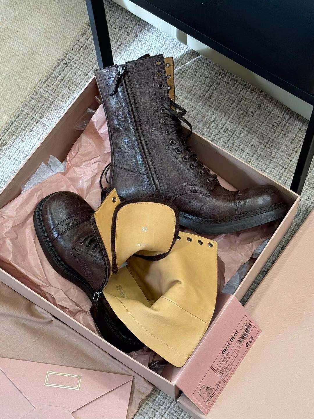 Miu Cocoa Brown Leather Lace-Up Boots