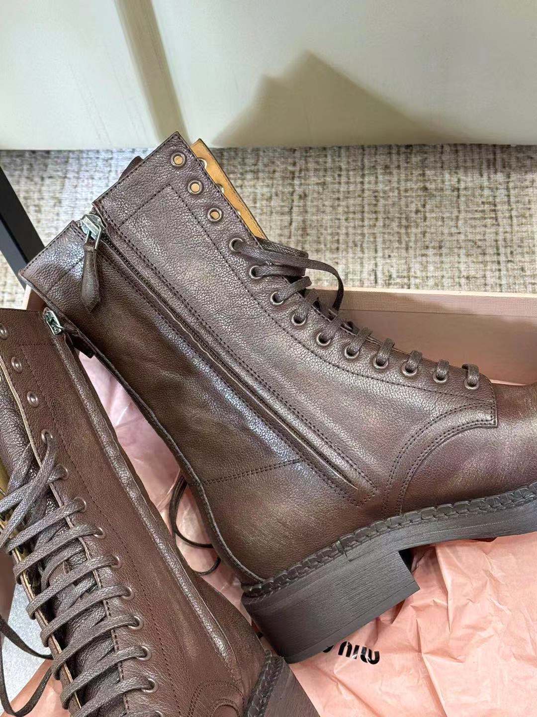 Miu Cocoa Brown Leather Lace-Up Boots
