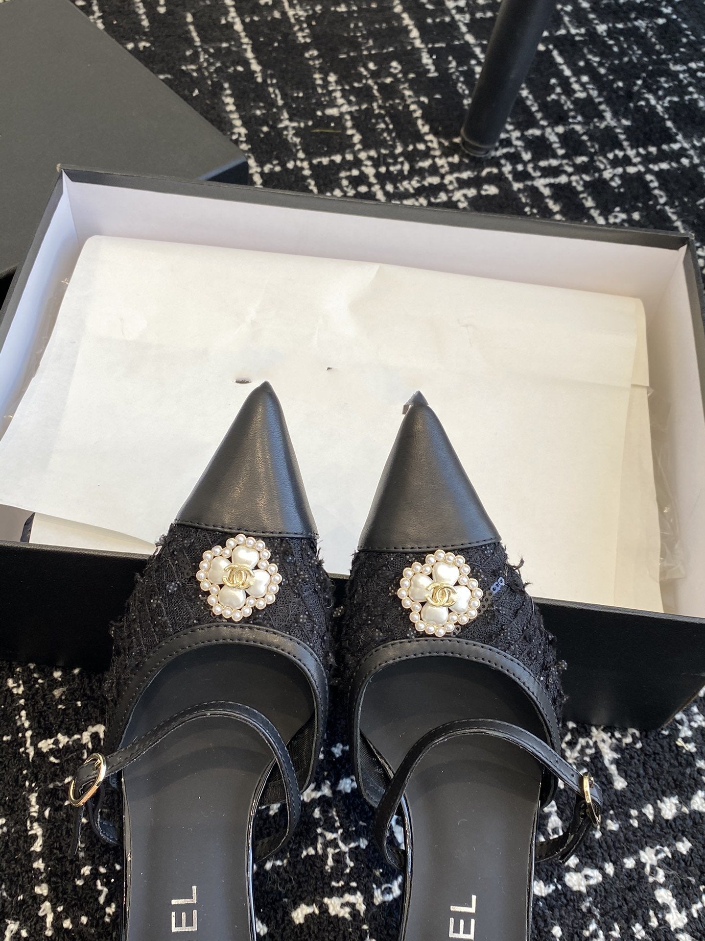 mule sandal black tweed lambskin