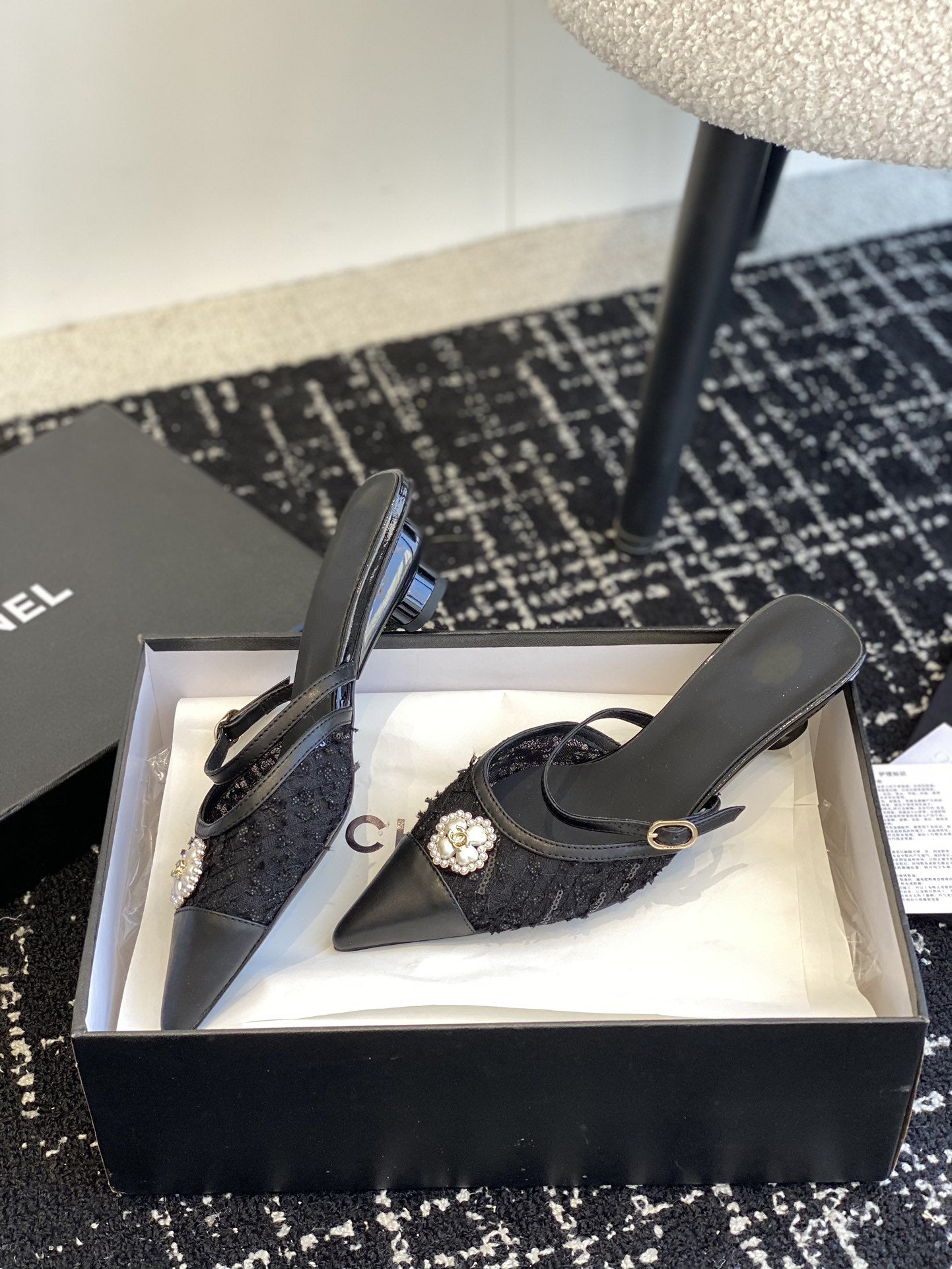 mule sandal black tweed lambskin