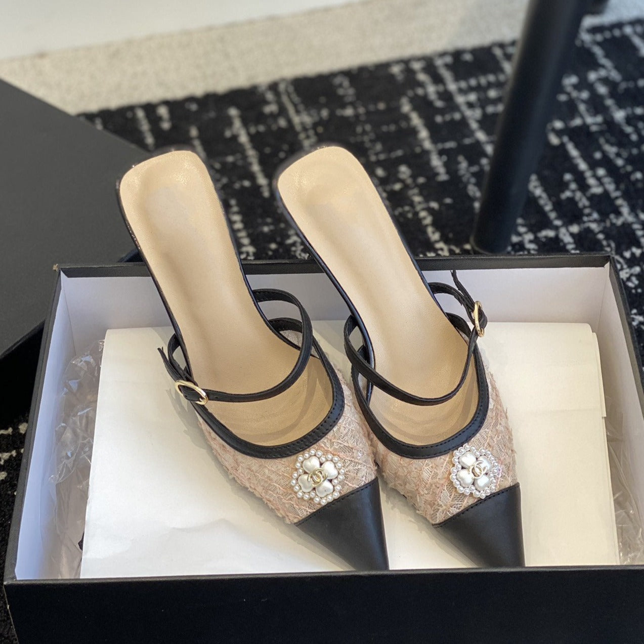mule sandal beige tweed black lambskin