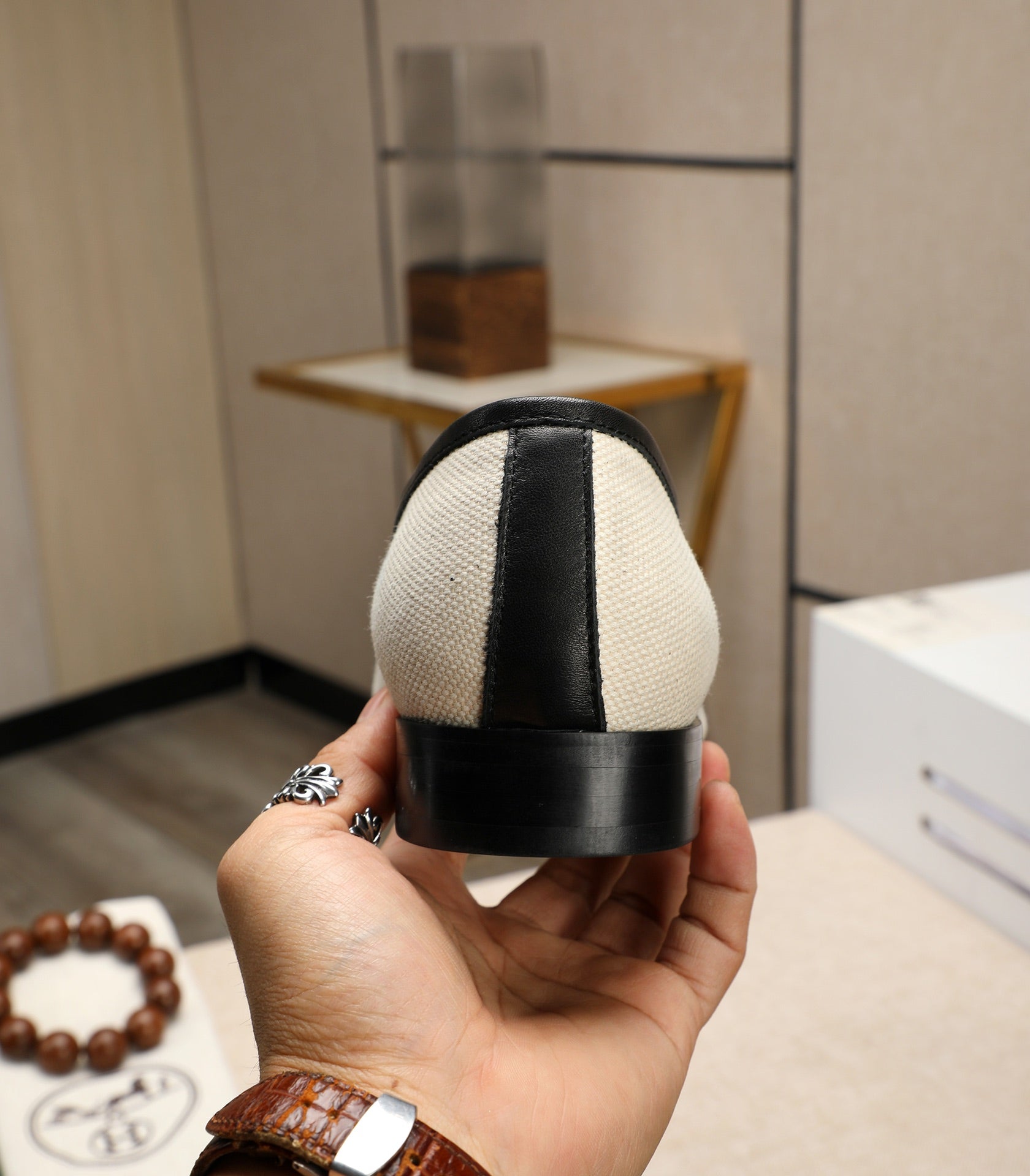 HM Men's Loafer White Black Cowhide 480419