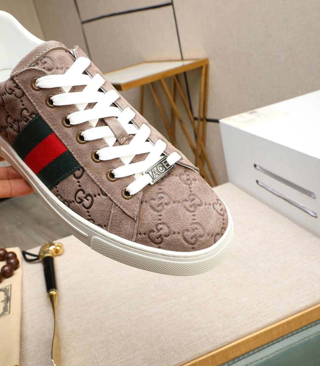 GG Men's ACE Sneaker Brown Embossed Suede 516599