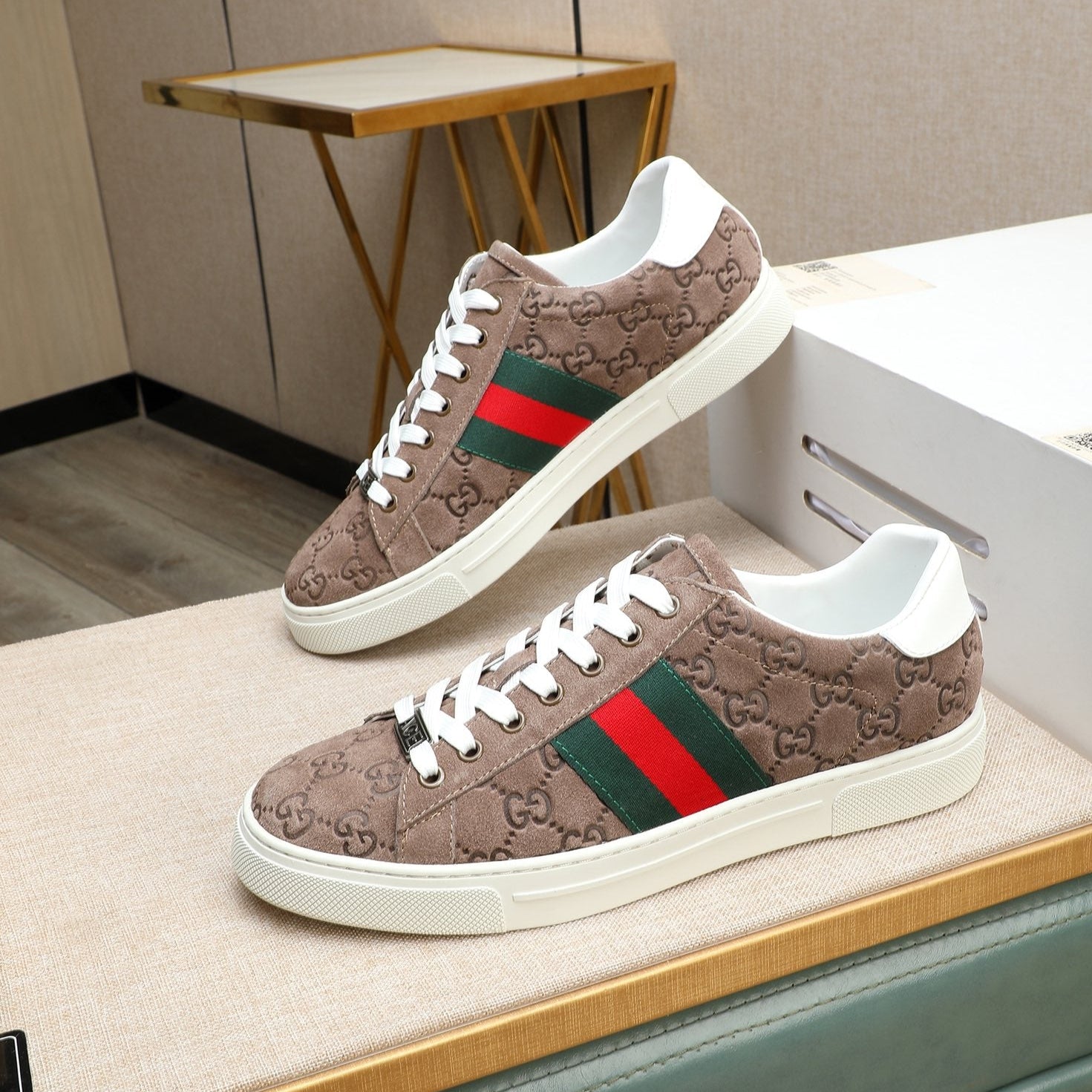 GG Men's ACE Sneaker Brown Embossed Suede 516599