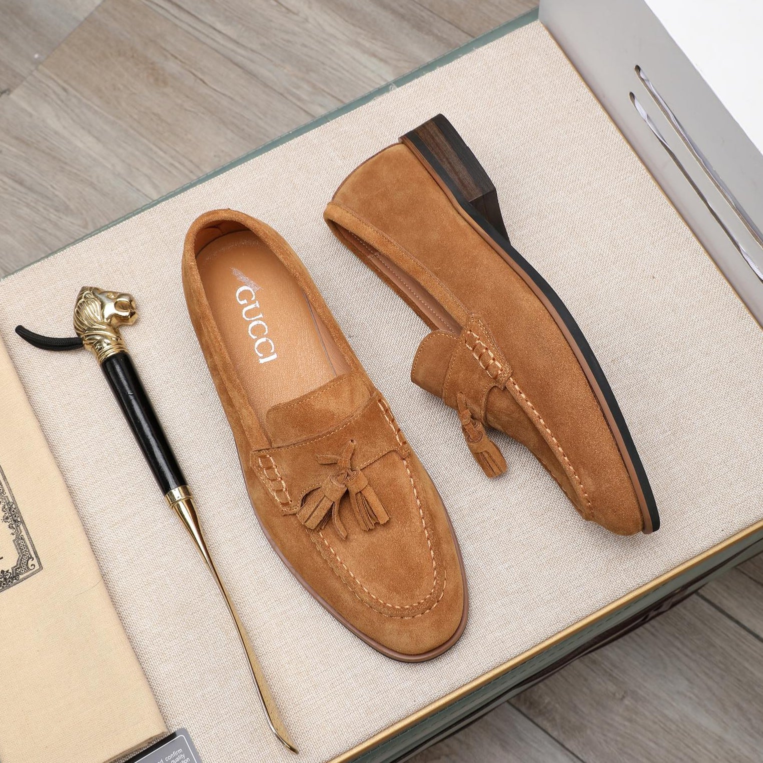 GG Men's Tassel Loafer Light Brown Suede 440168