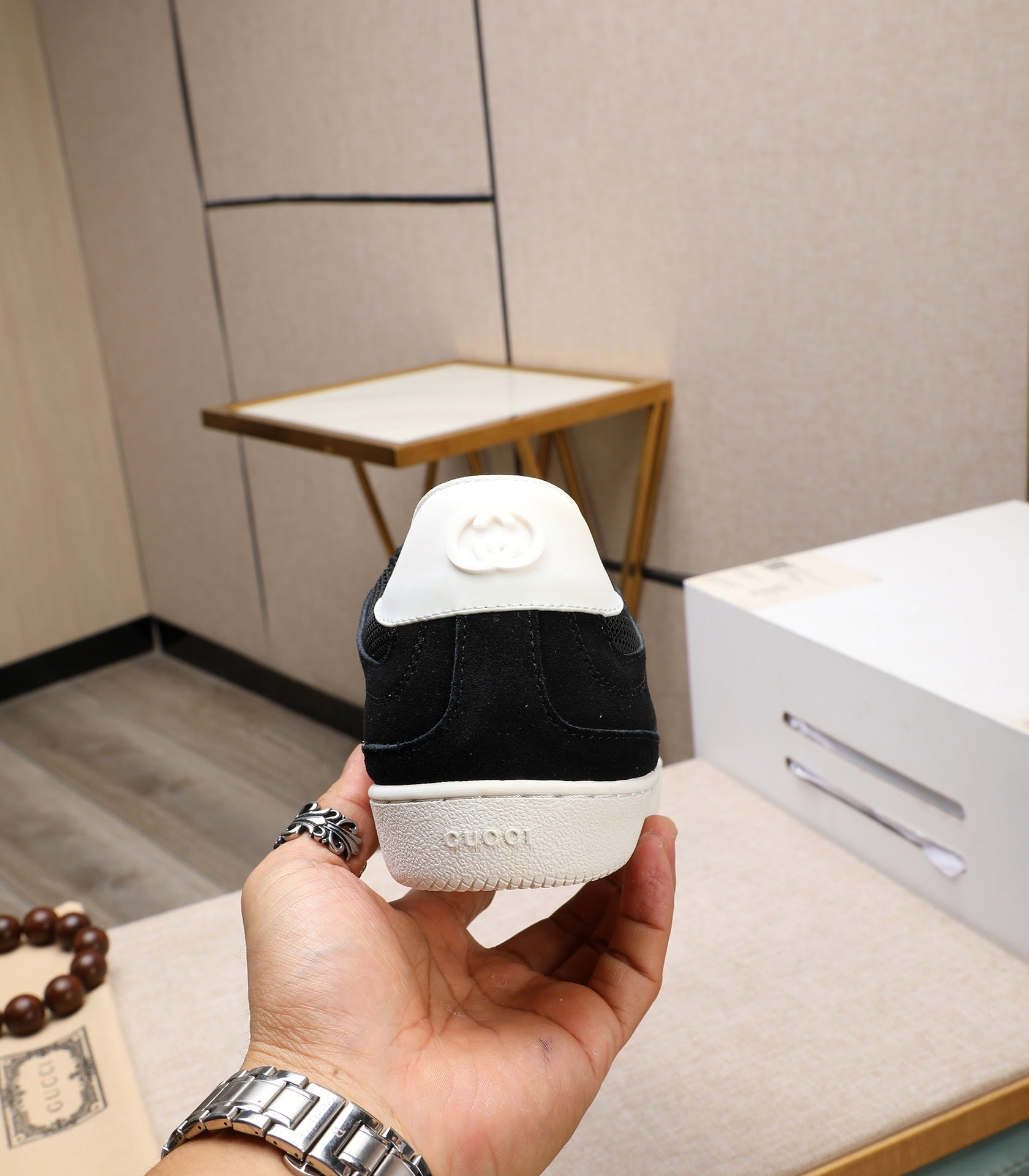 GG Men's G75 Sneaker Black White Mesh Suede 477879