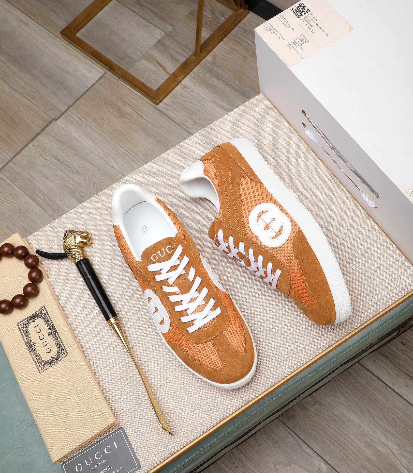 GG Men's G75 Sneaker Brown Orange Mesh Suede 477881