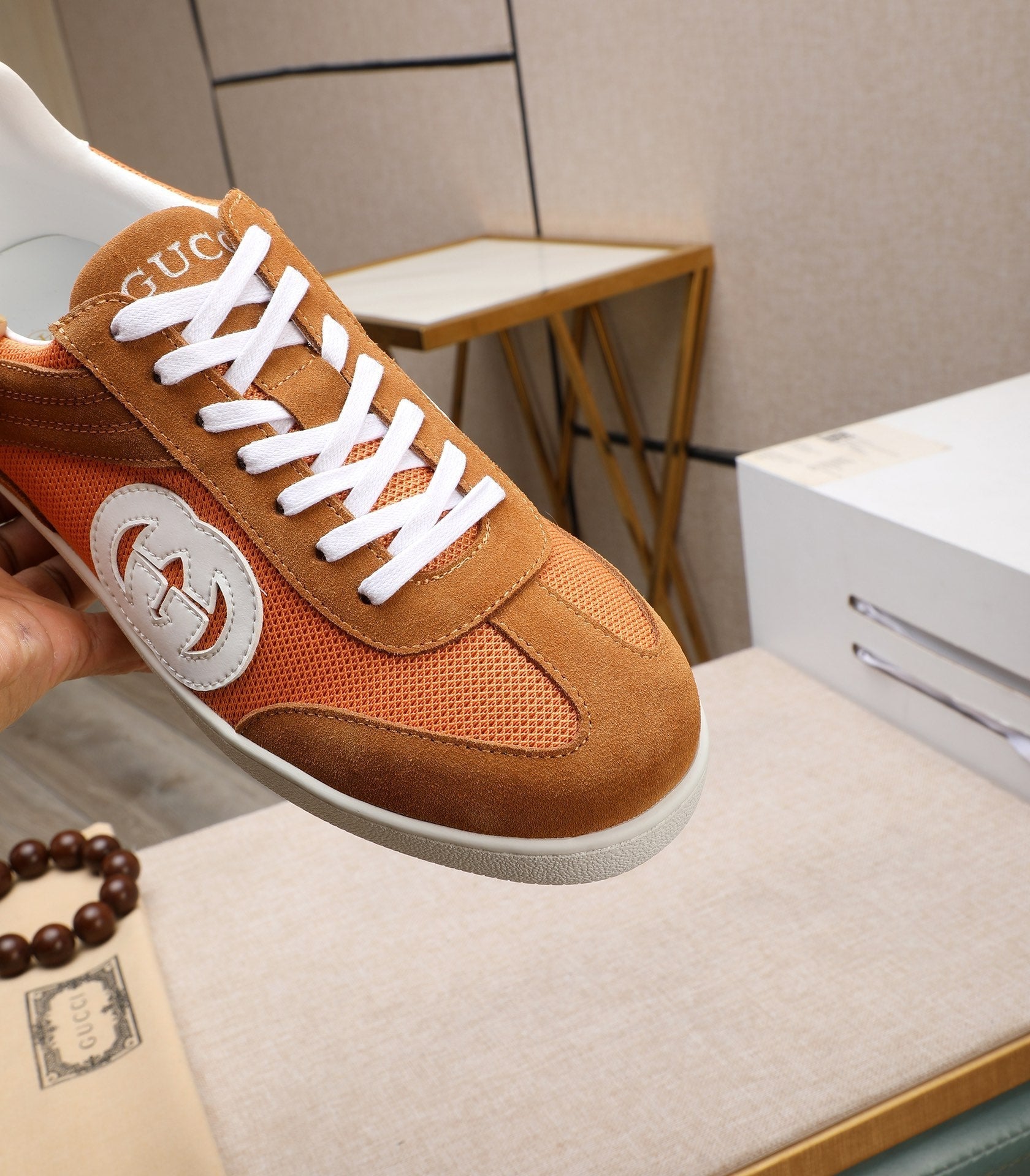 GG Men's G75 Sneaker Brown Orange Mesh Suede 477881